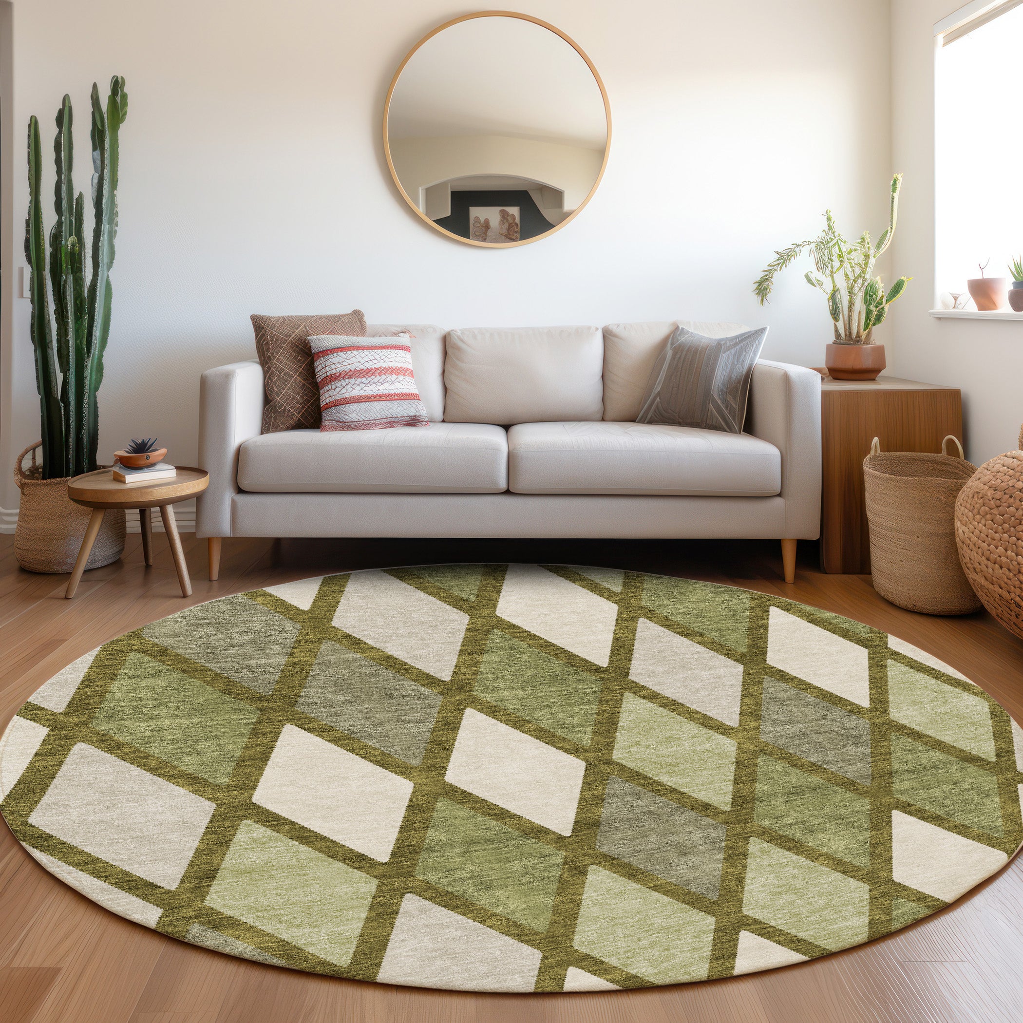 Queenstown Machine Washable Transitional Olive Green Rug 8' x 8' #shape_Round