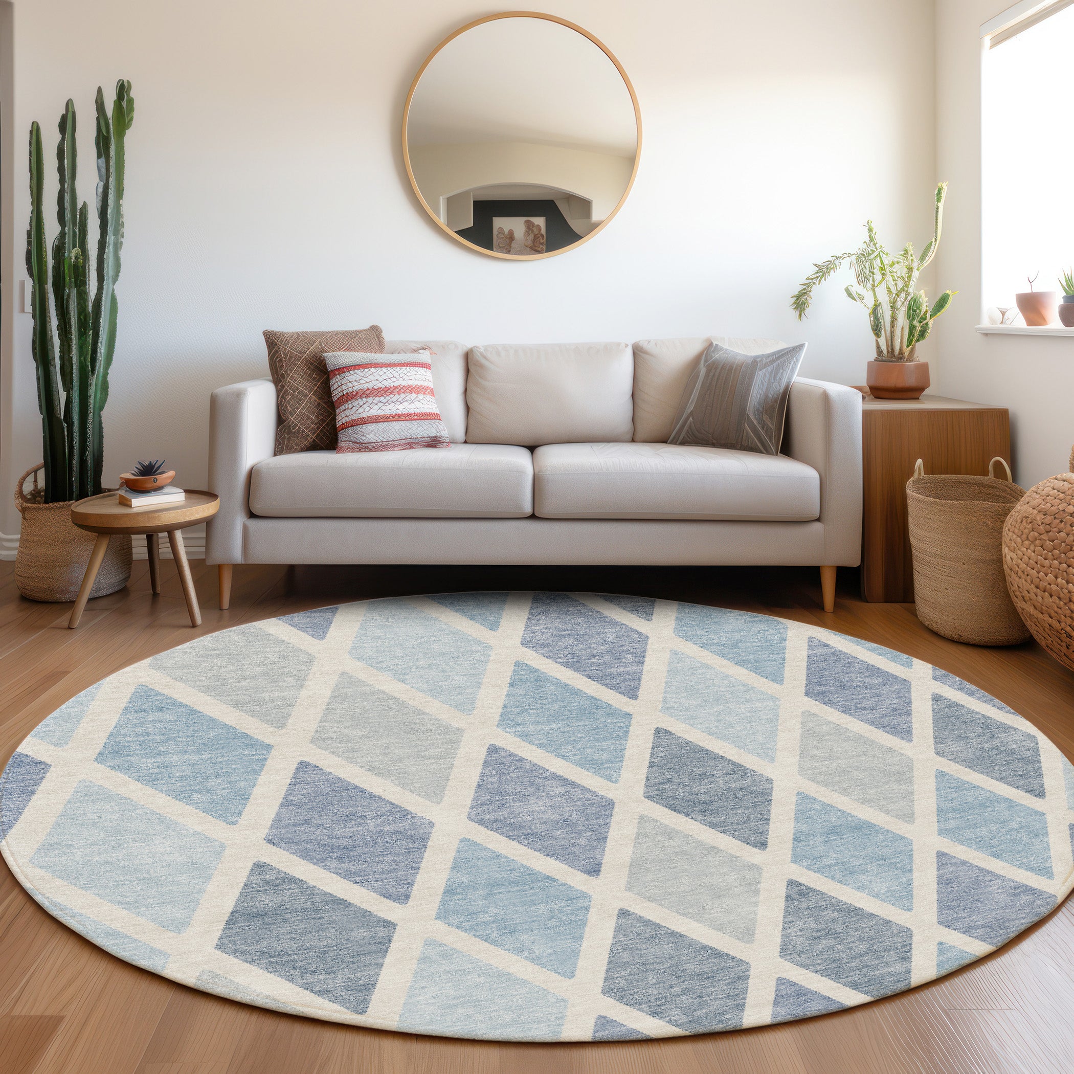 Queenstown Machine Washable Transitional Sky Blue Rug 8' x 8' #shape_Round