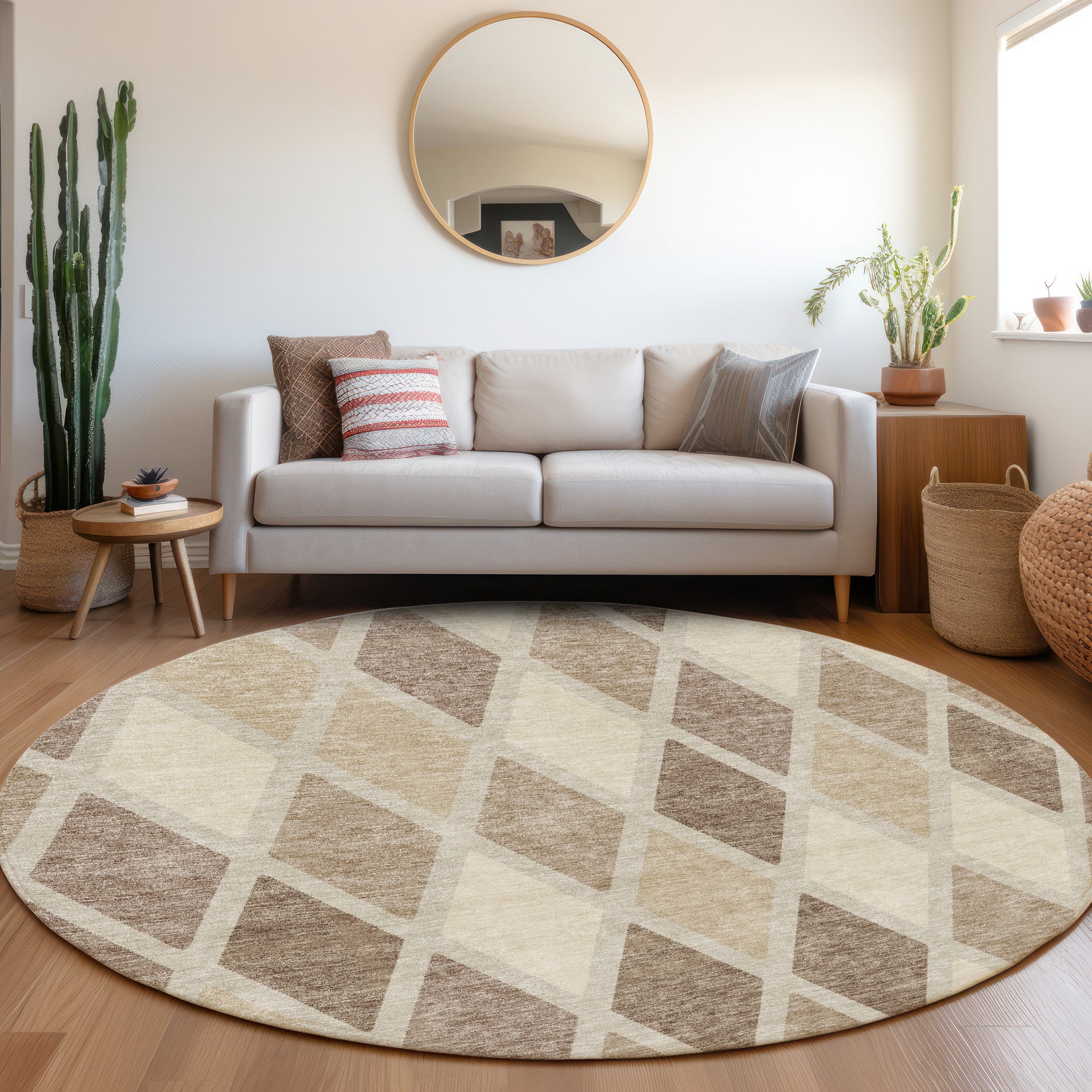 Queenstown Machine Washable Transitional Taupe Brown Rug 8' x 8' #shape_Round