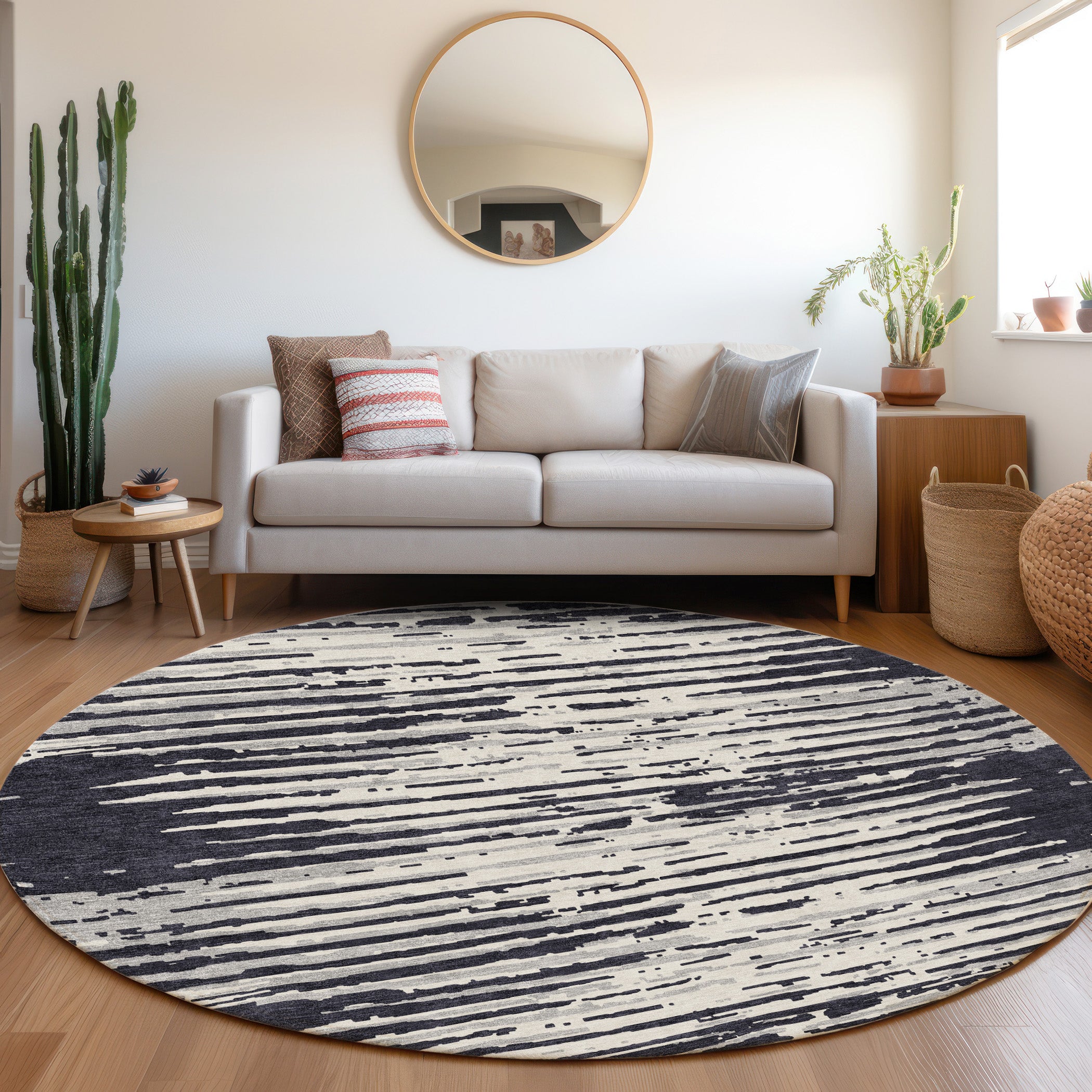 Chiang Mai Machine Washable Transitional Black Rug 8' x 8' #shape_Round