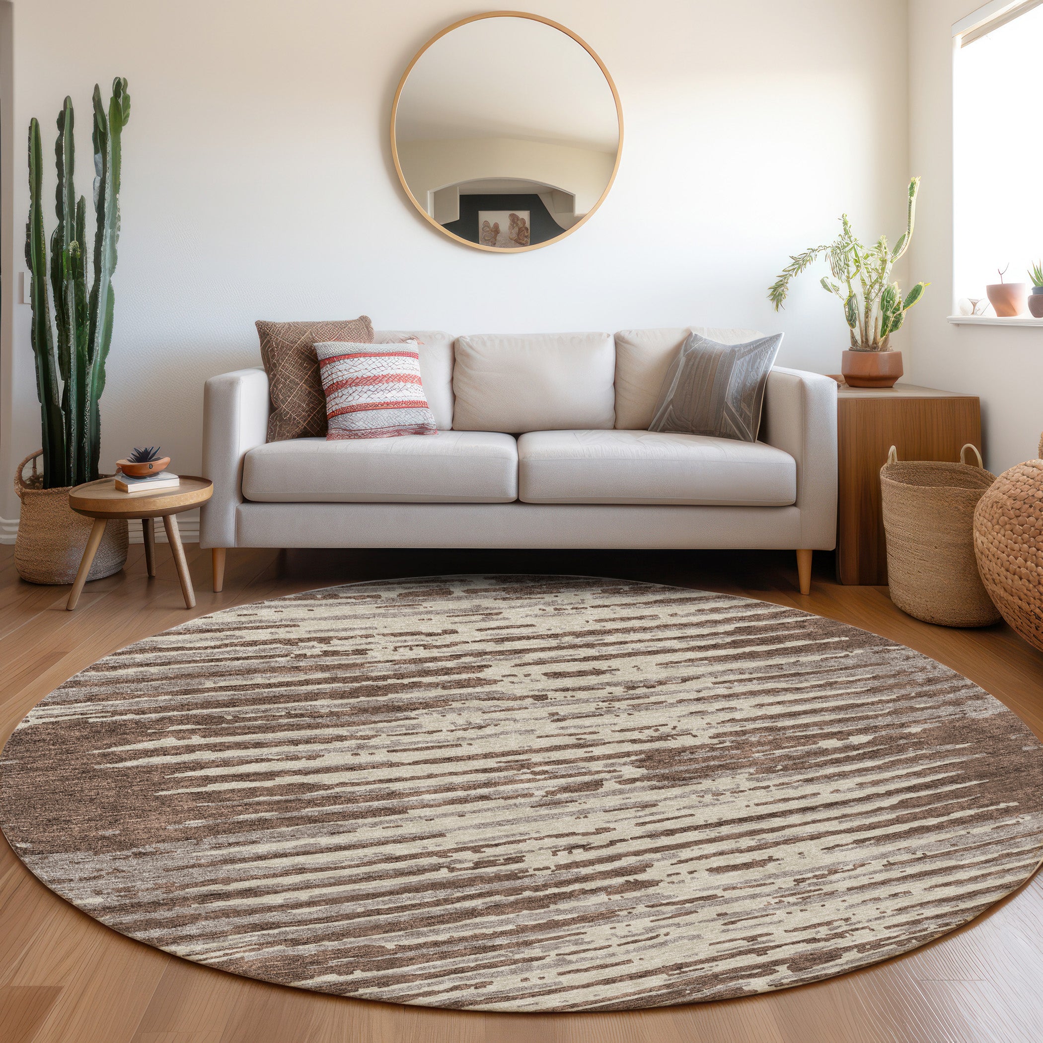Chiang Mai Machine Washable Transitional Brown Rug 8' x 8' #shape_Round
