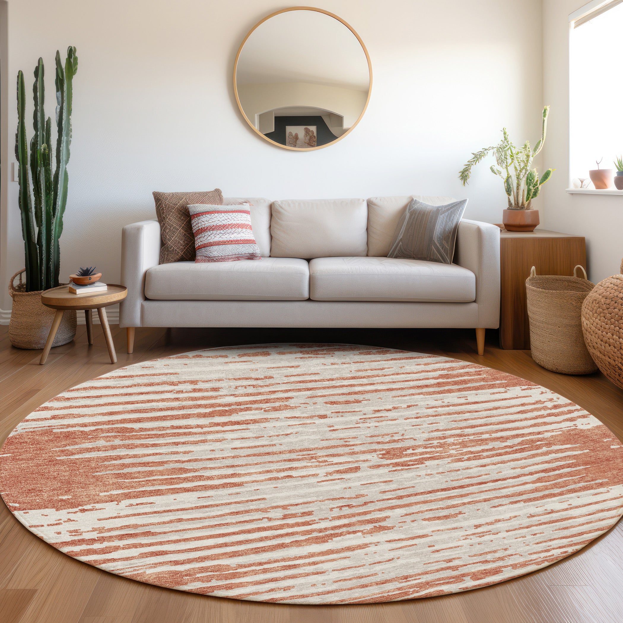 Chiang Mai Machine Washable Transitional Coral Orange Rug 8' x 8' #shape_Round