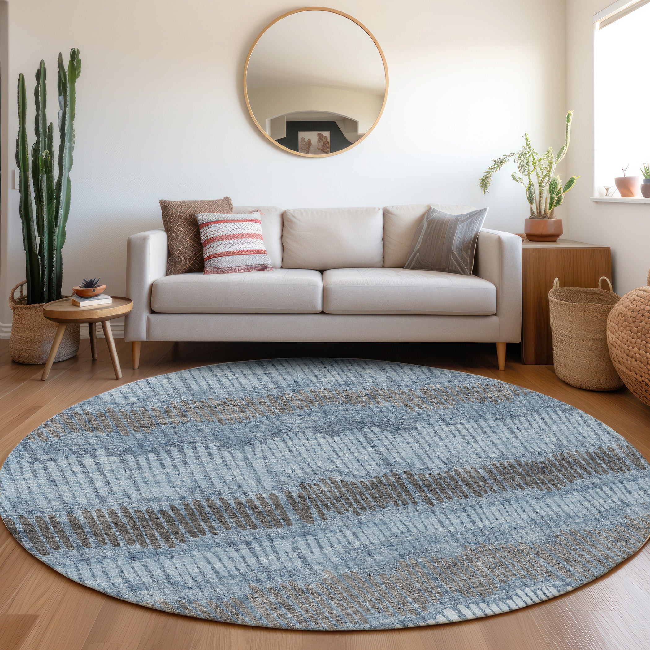 Lima Machine Washable Transitional Blue Rug 8' x 8' #shape_Round