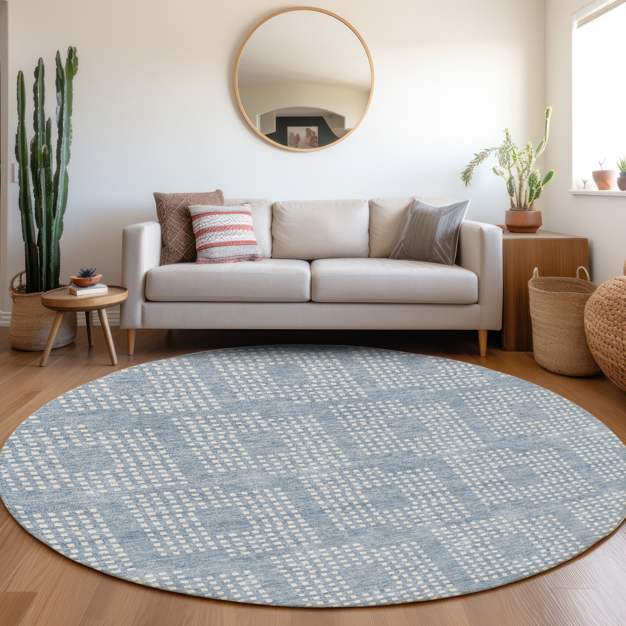 Valletta Machine Washable Transitional Sky Blue Rug 8' x 8' #shape_Round