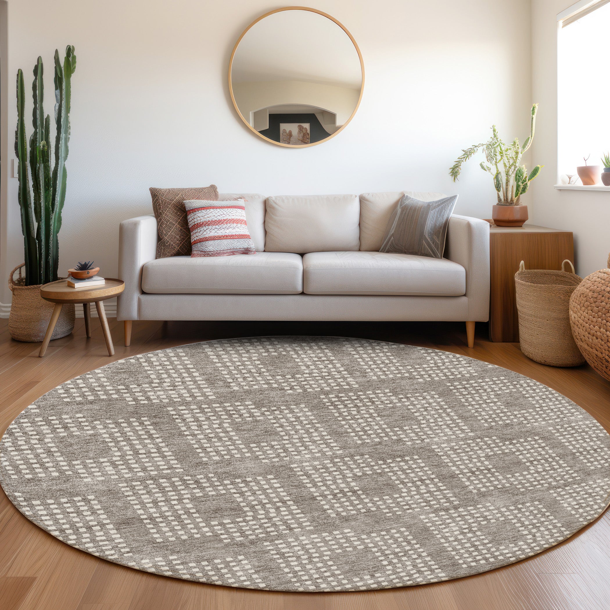Valletta Machine Washable Transitional Taupe Brown Rug 8' x 8' #shape_Round