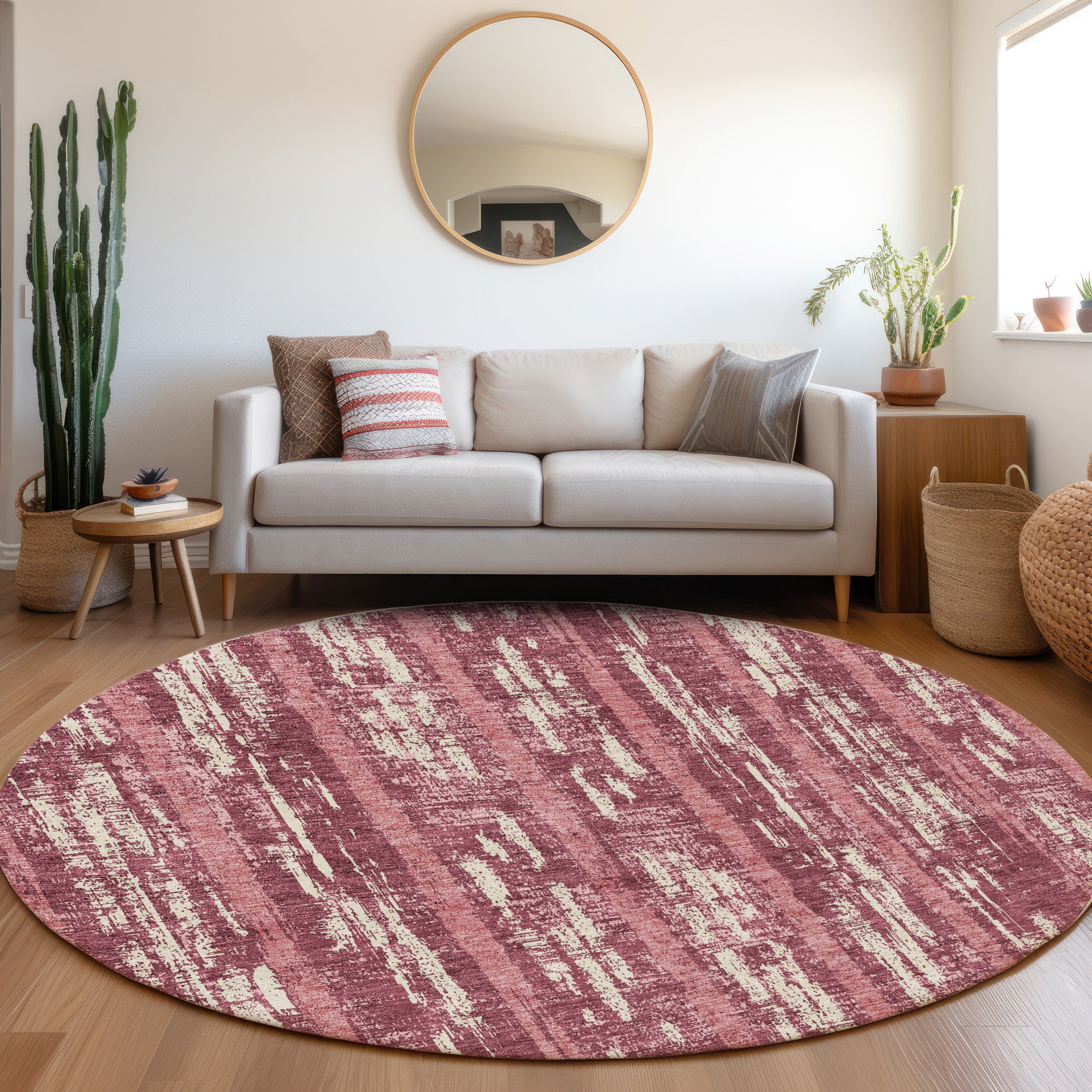 Seoul Machine Washable Transitional Blush Pink Rug 8' x 8' #shape_Round