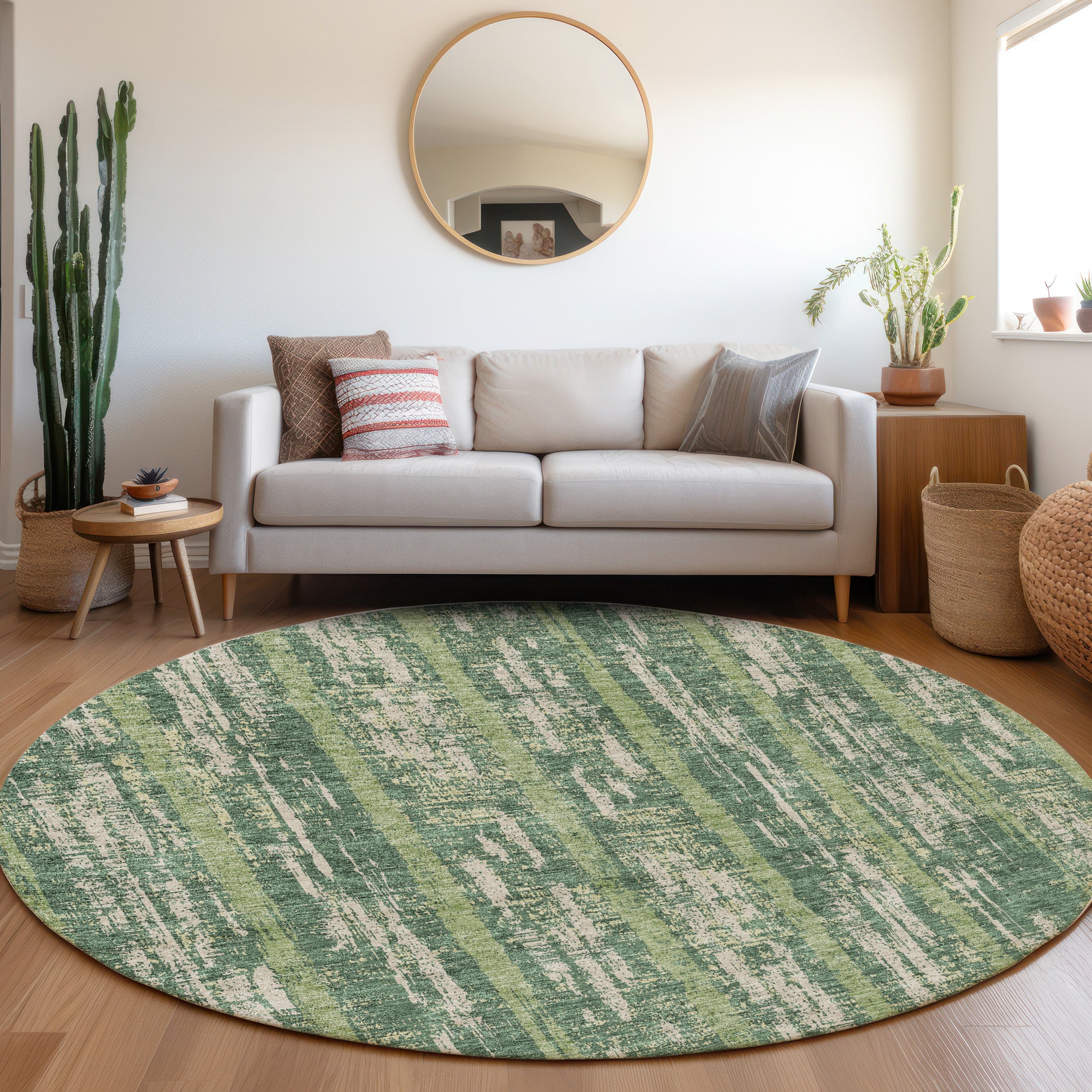 Seoul Machine Washable Transitional Green Rug 8' x 8' #shape_Round