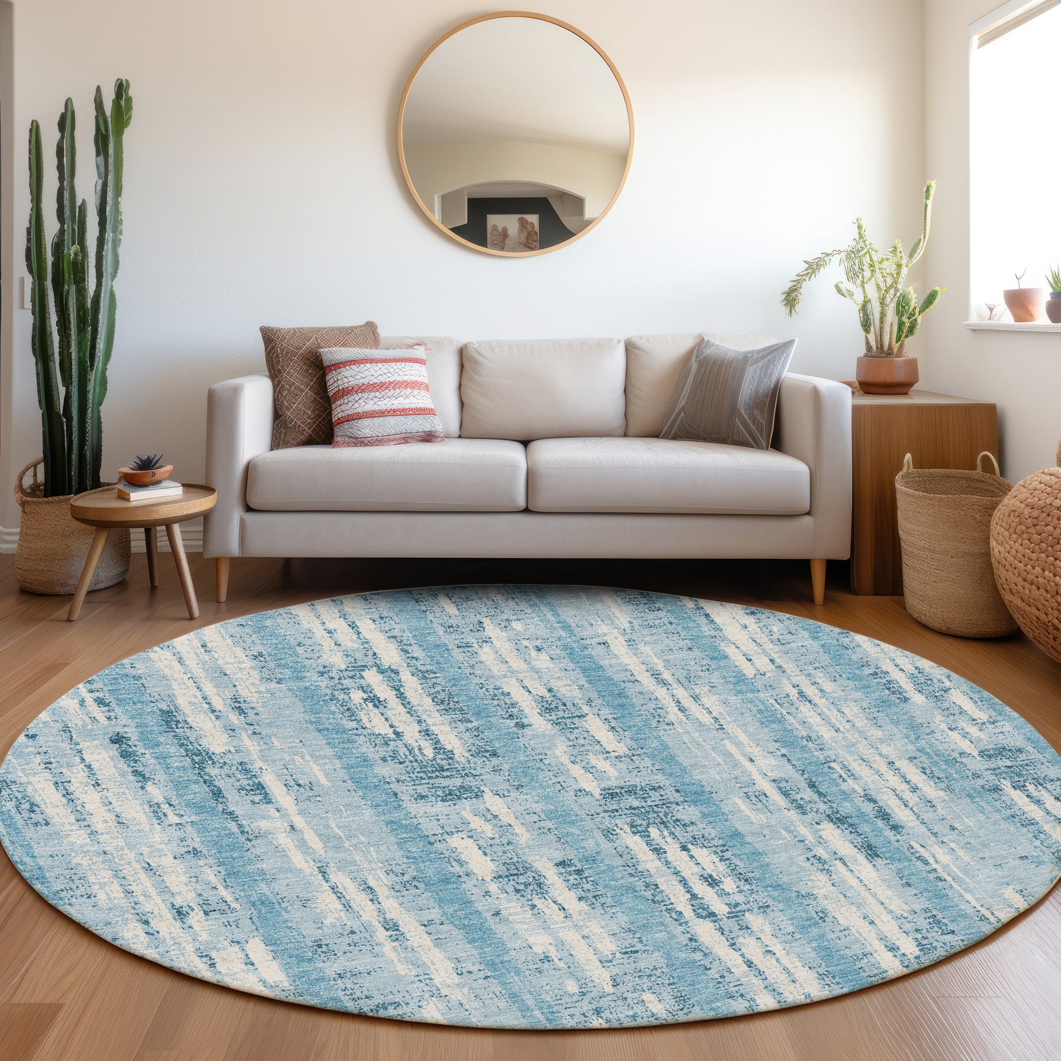 Seoul Machine Washable Transitional Sky Blue Rug 8' x 8' #shape_Round