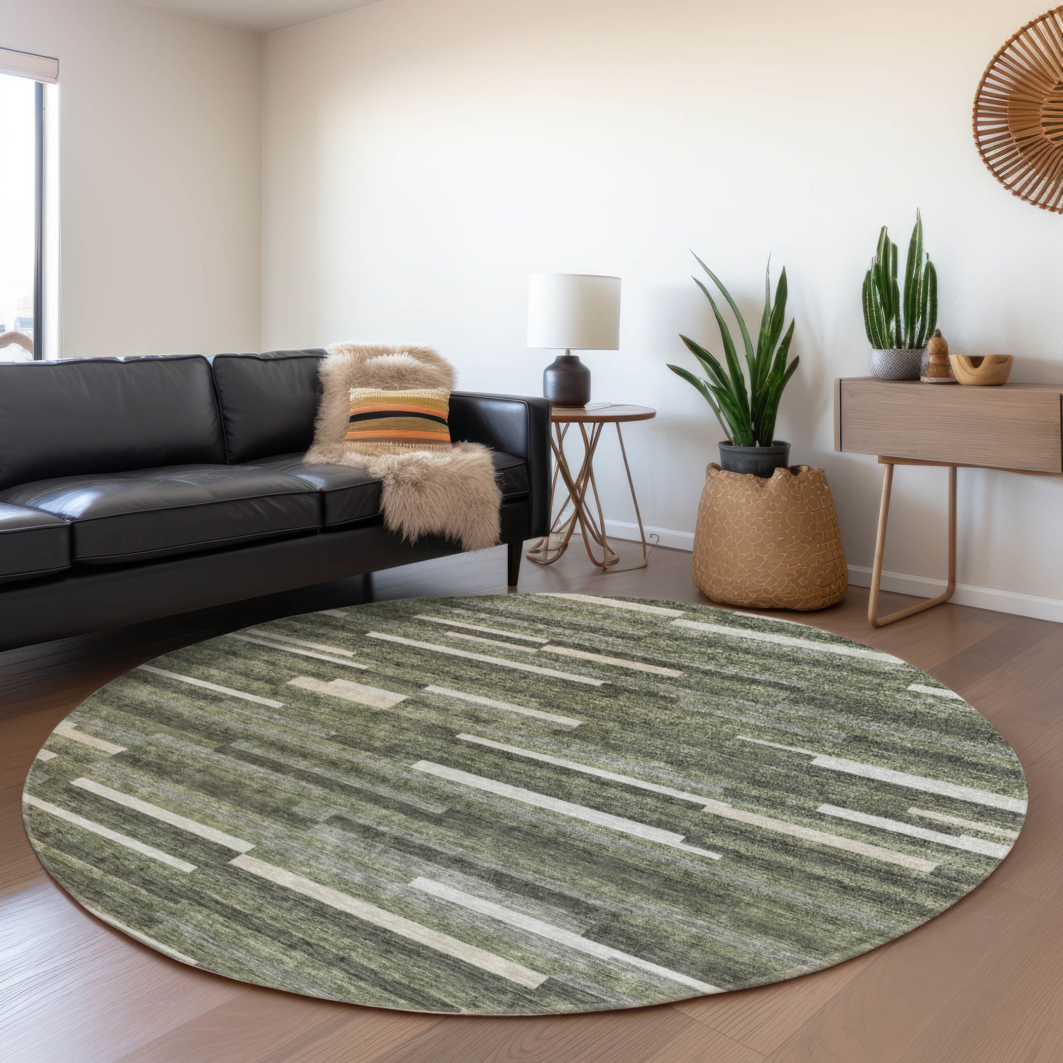 Cartagena Machine Washable Transitional Olive Green Rug 8' x 8' #shape_Round