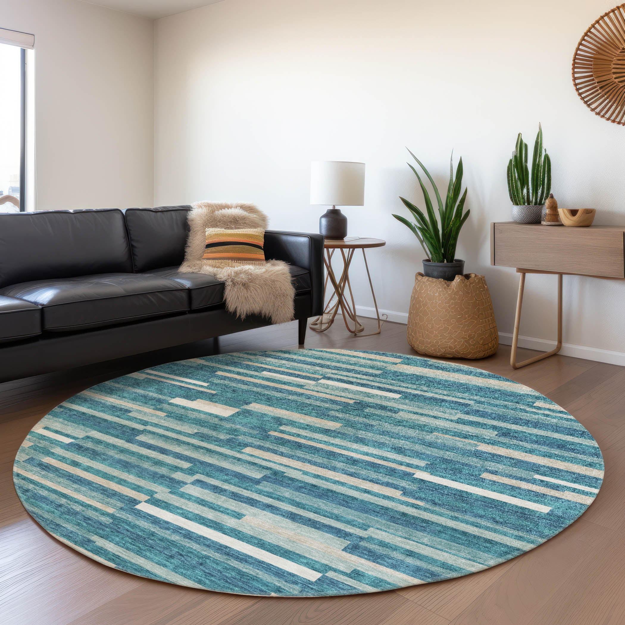 Cartagena Machine Washable Transitional Teal Rug 8' x 8' #shape_Round