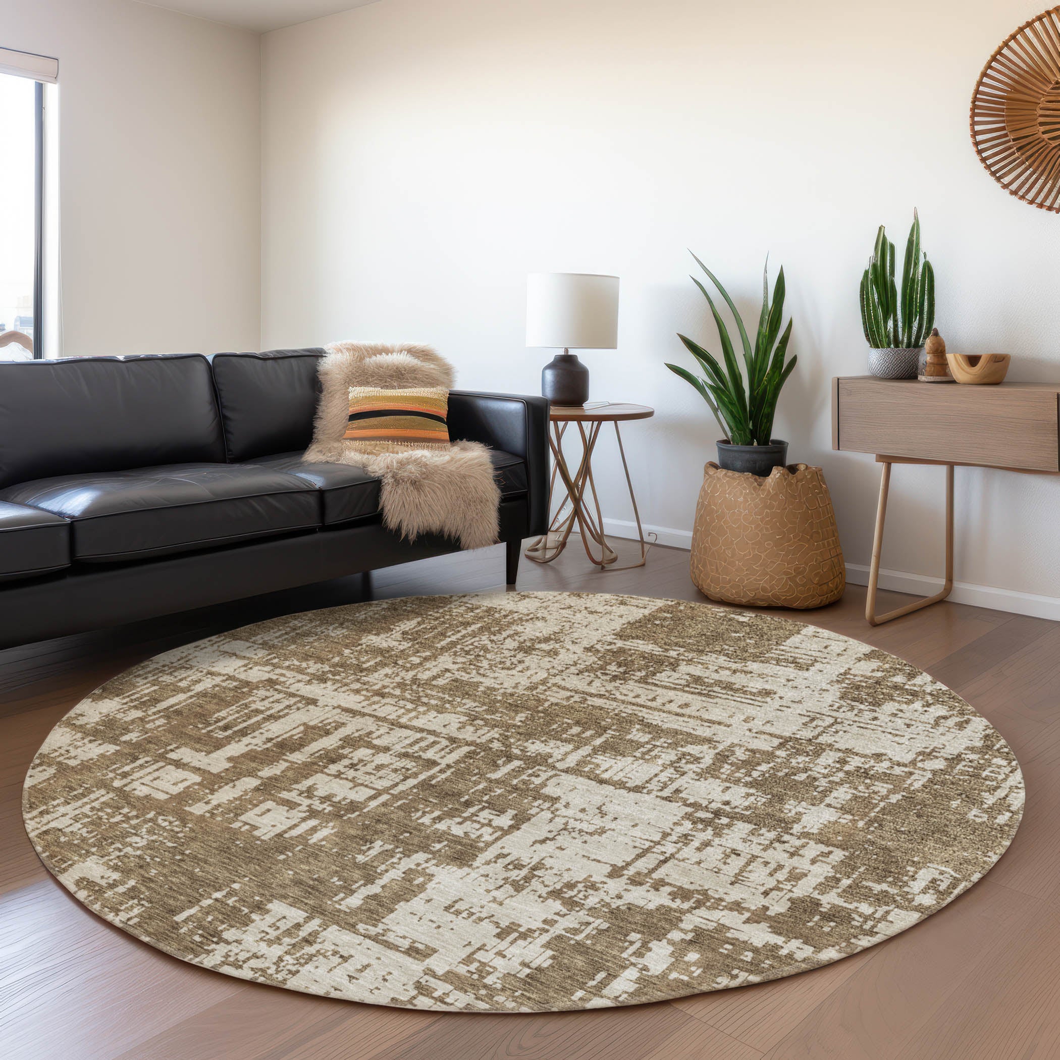 Queenstown Machine Washable Transitional Brown Rug 8' x 8' #shape_Round