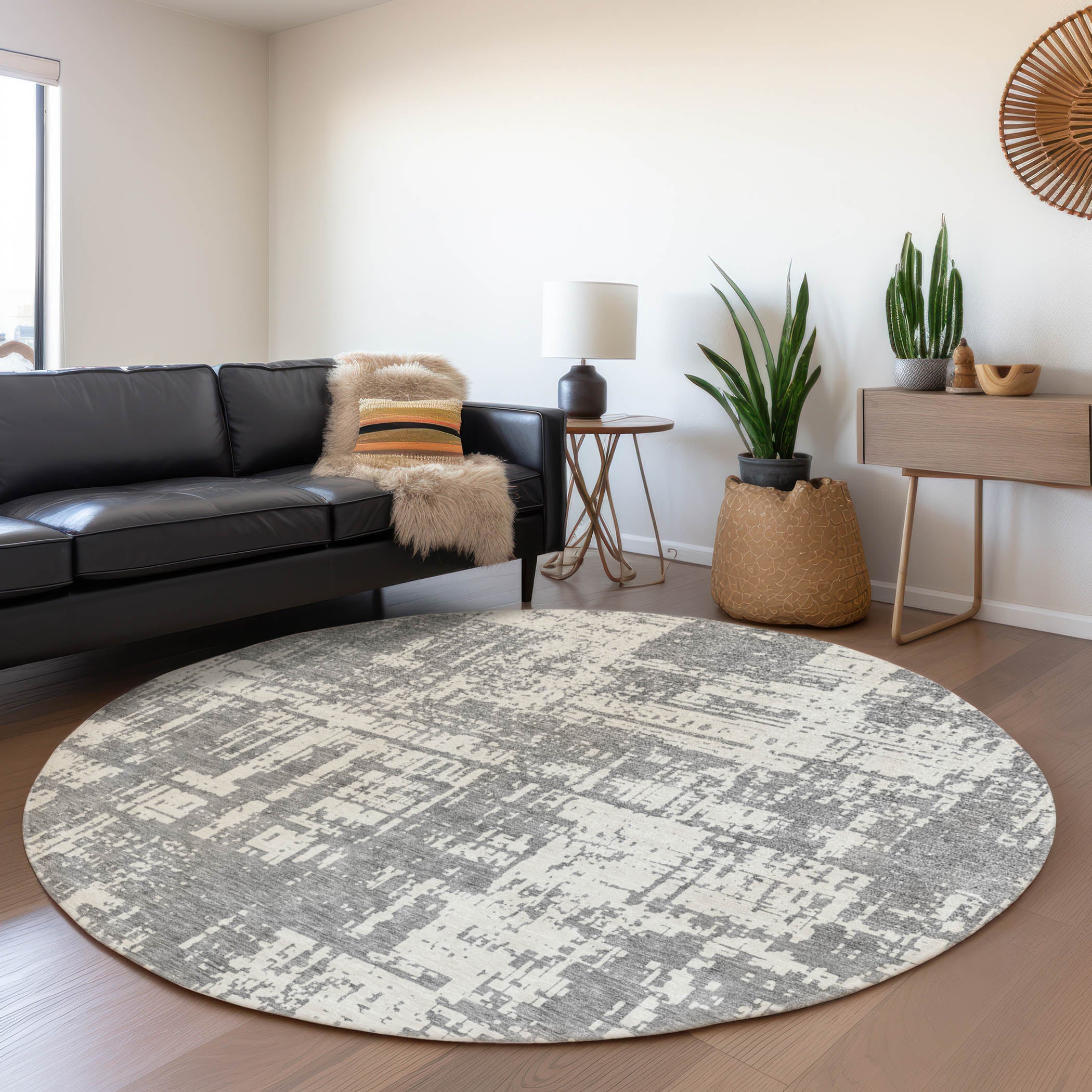 Queenstown Machine Washable Transitional Gray Rug 8' x 8' #shape_Round