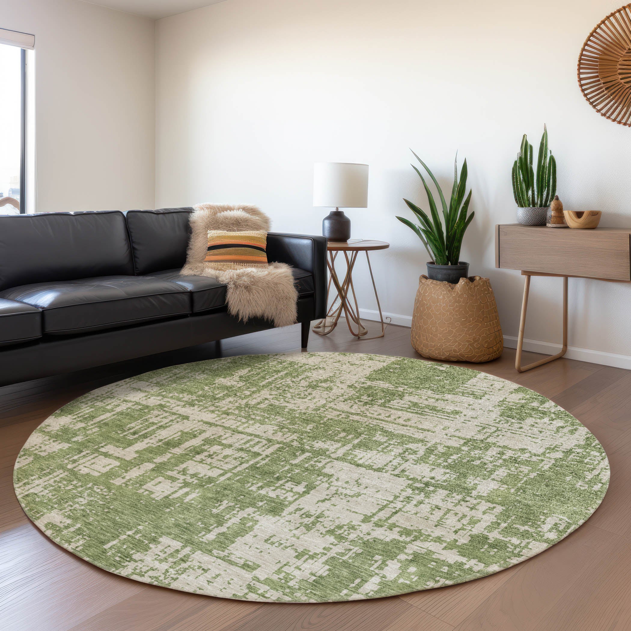 Queenstown Machine Washable Transitional Green Rug 8' x 8' #shape_Round