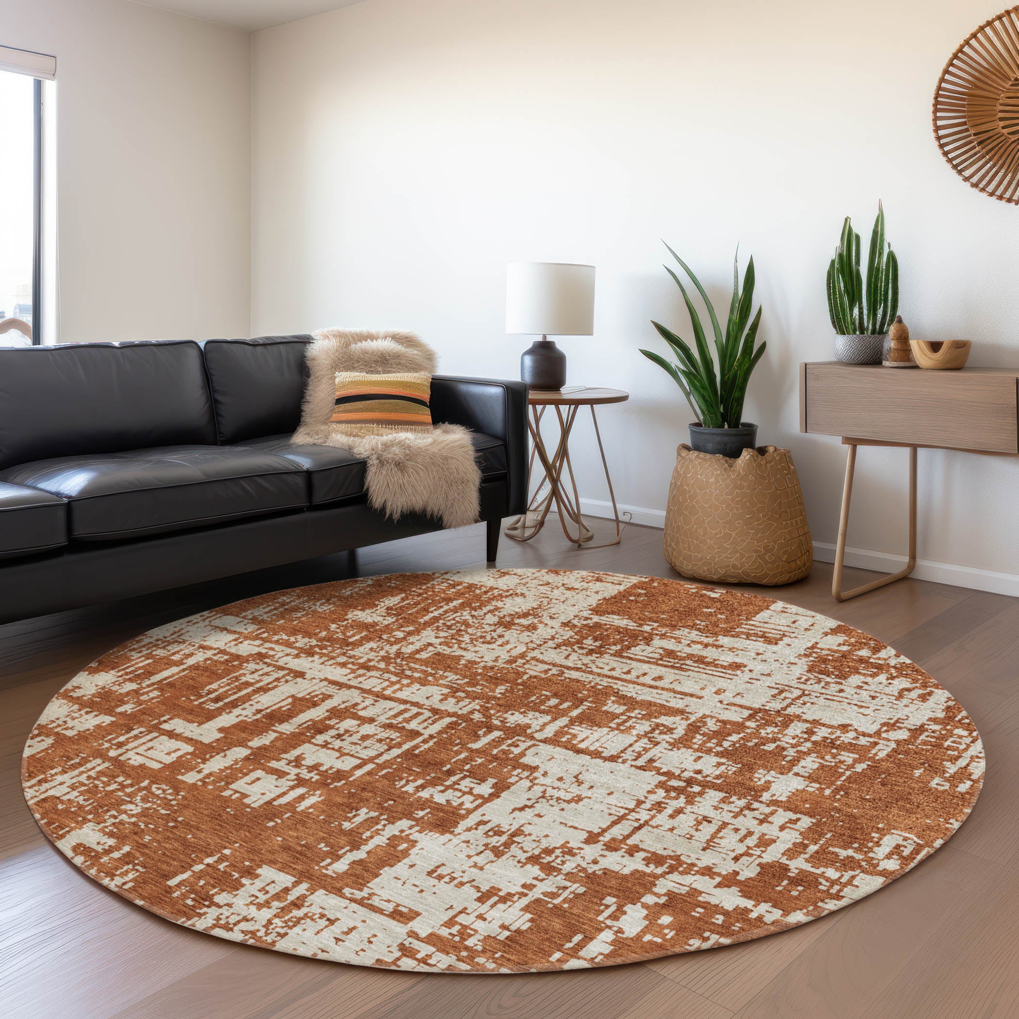 Queenstown Machine Washable Transitional Paprika Orange Rug 8' x 8' #shape_Round