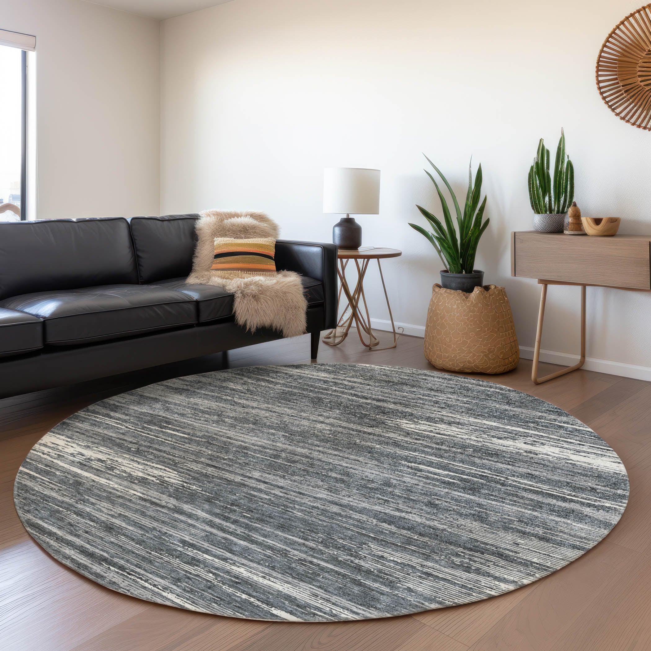 Seoul Machine Washable Transitional Gray Rug 8' x 8' #shape_Round