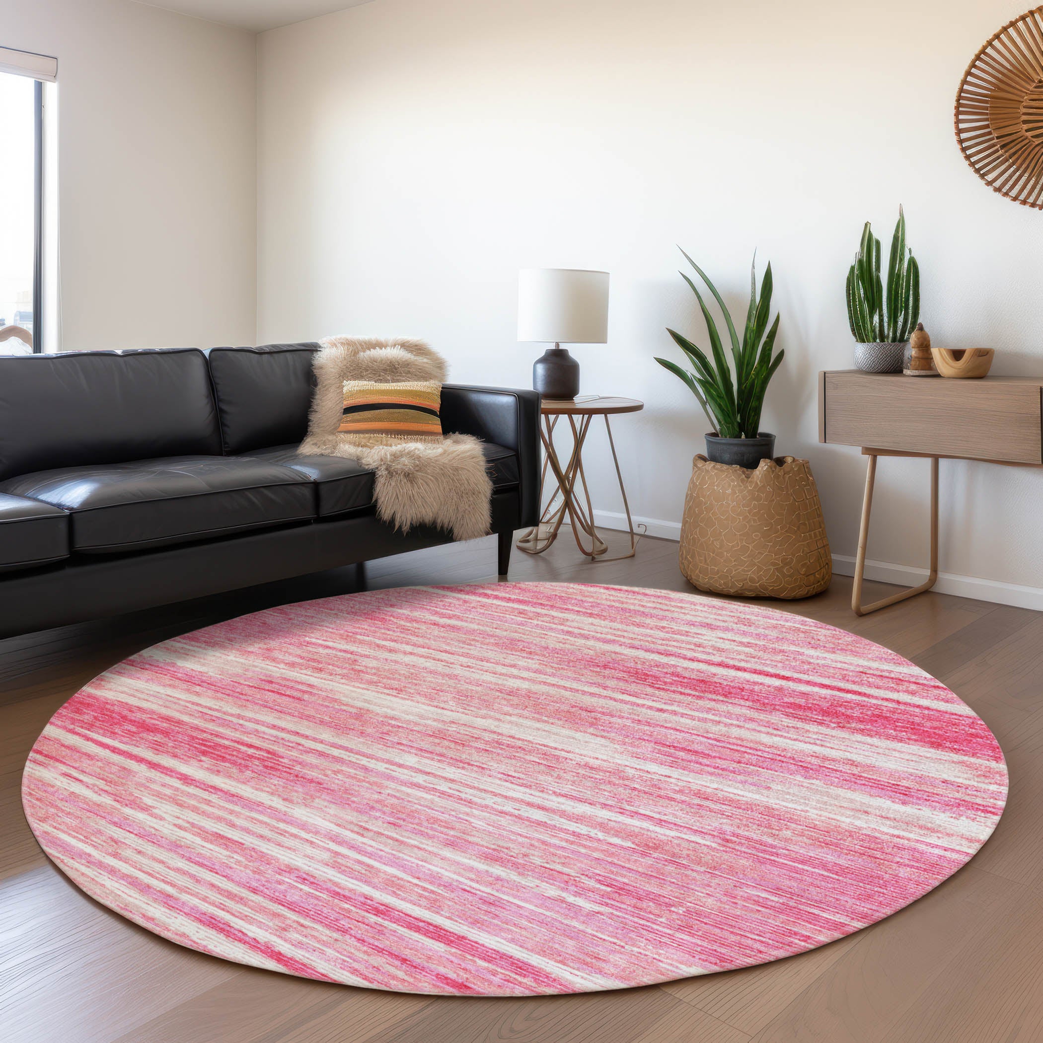 Seoul Machine Washable Transitional Pink Rug 8' x 8' #shape_Round