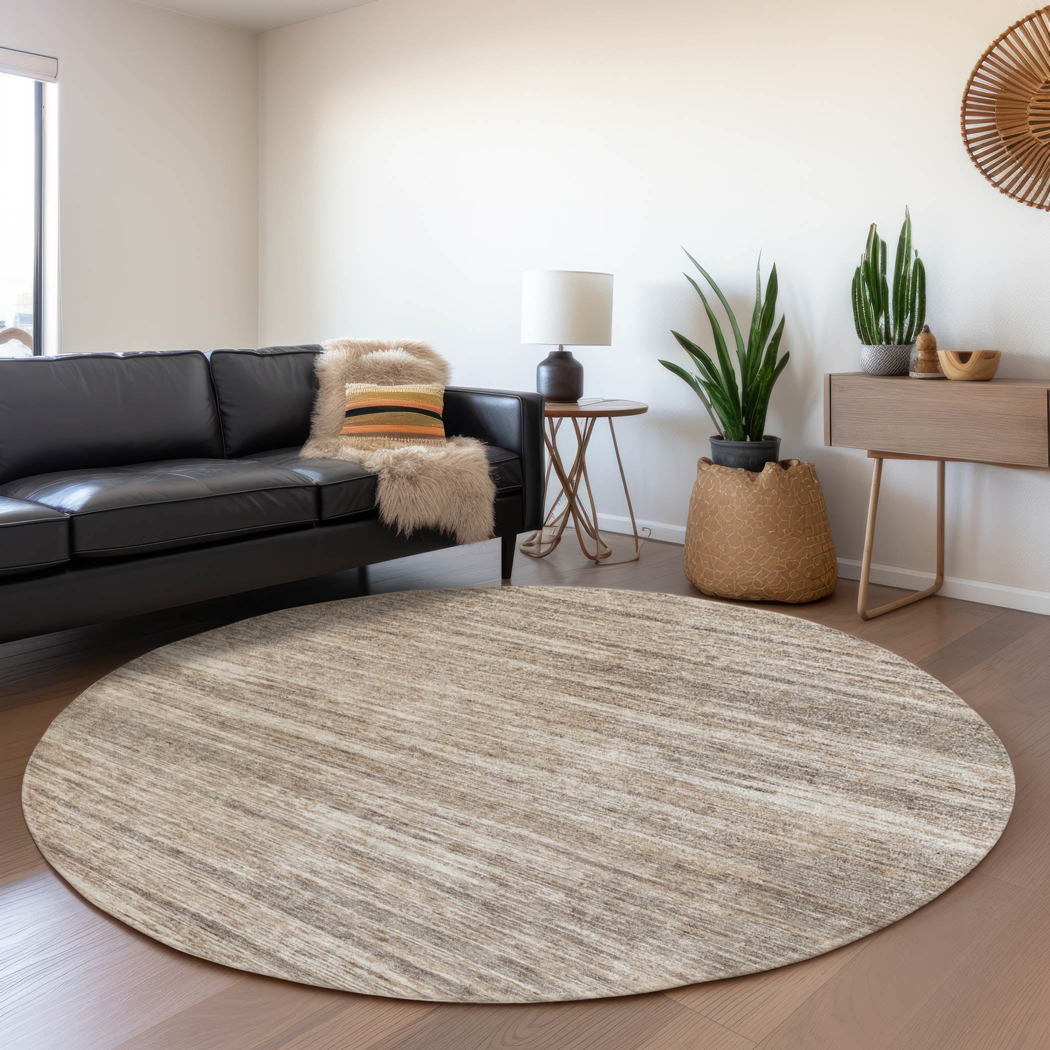 Seoul Machine Washable Transitional Taupe Brown Rug 8' x 8' #shape_Round