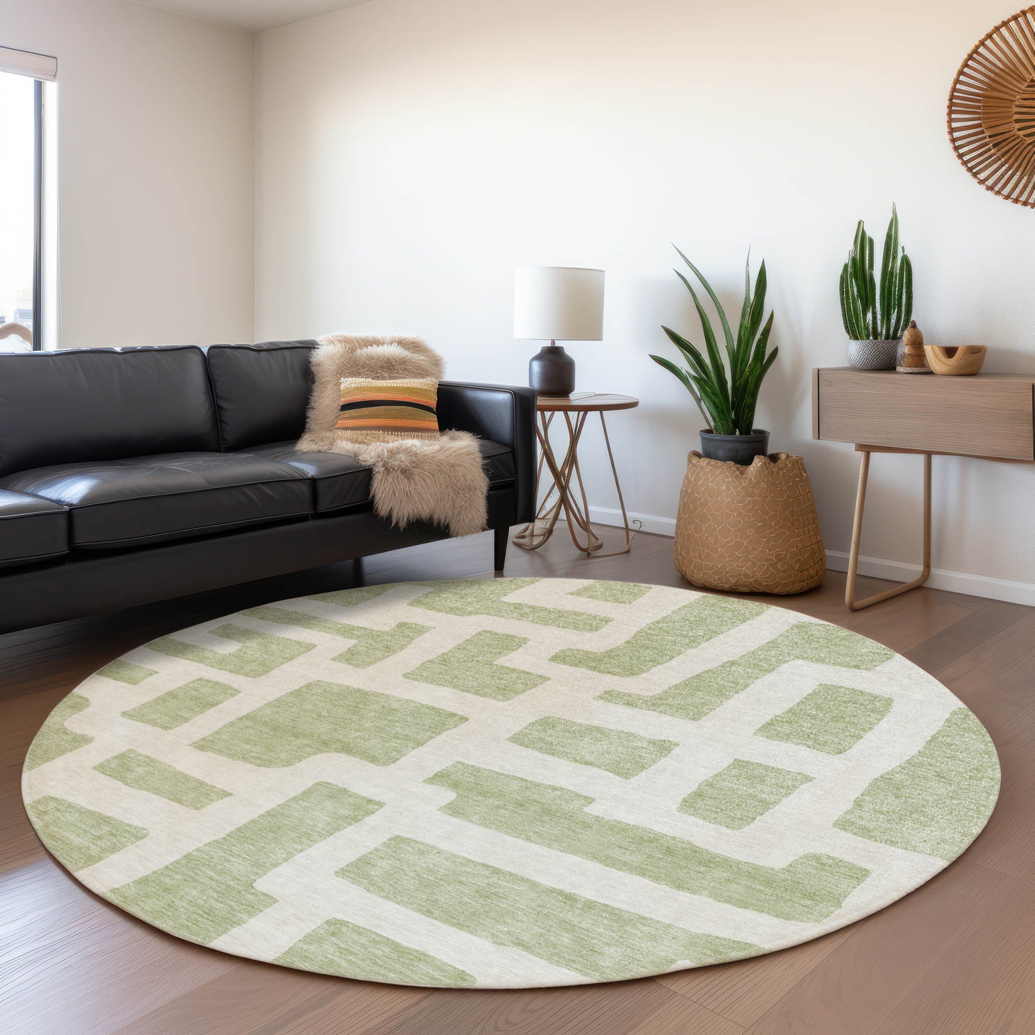 Bern Machine Washable Transitional Aloe Green Rug 8' x 8' #shape_Round