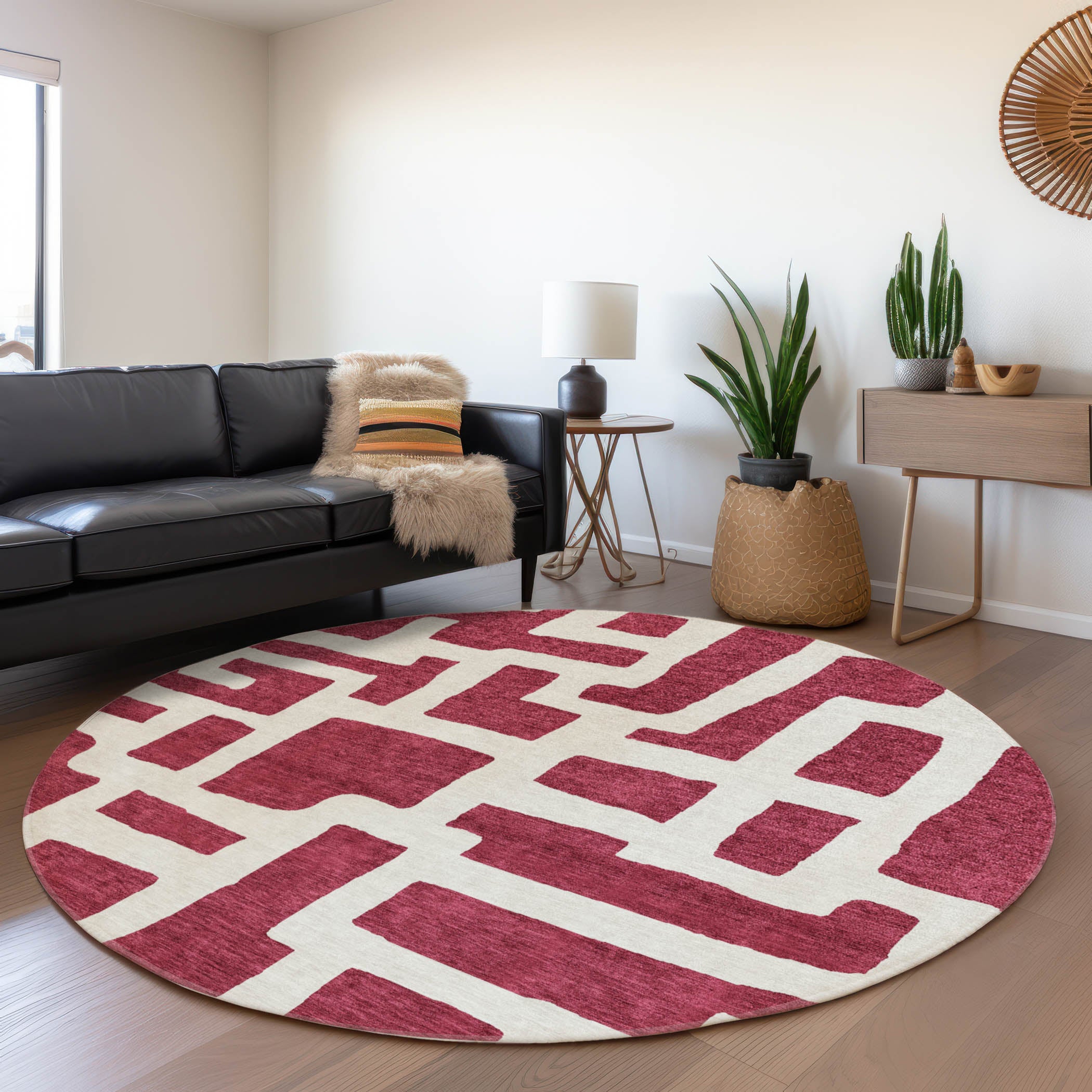 Bern Machine Washable Transitional Garnet Red Rug 8' x 8' #shape_Round