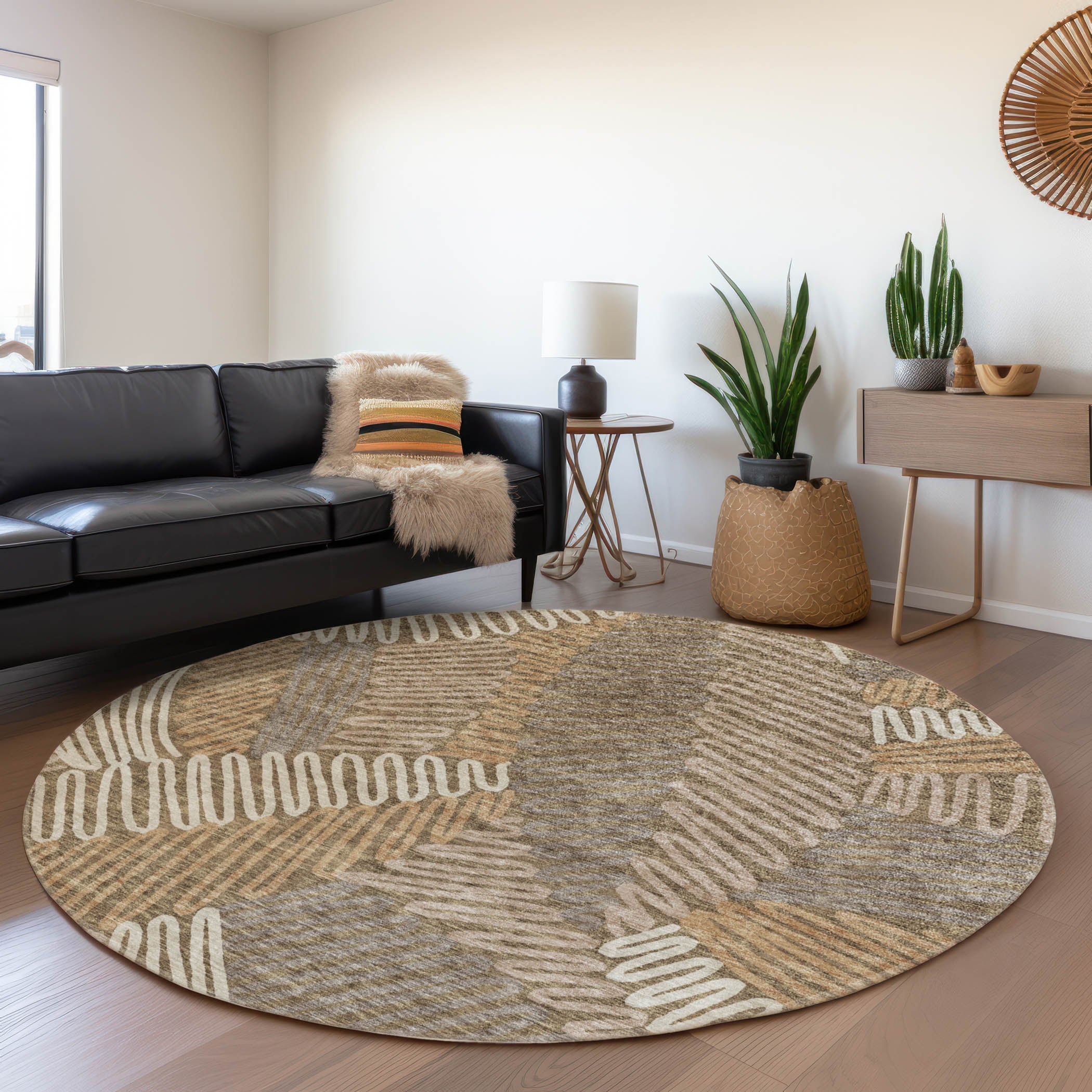 Istanbul Machine Washable Transitional Brown Rug 8' x 8' #shape_Round