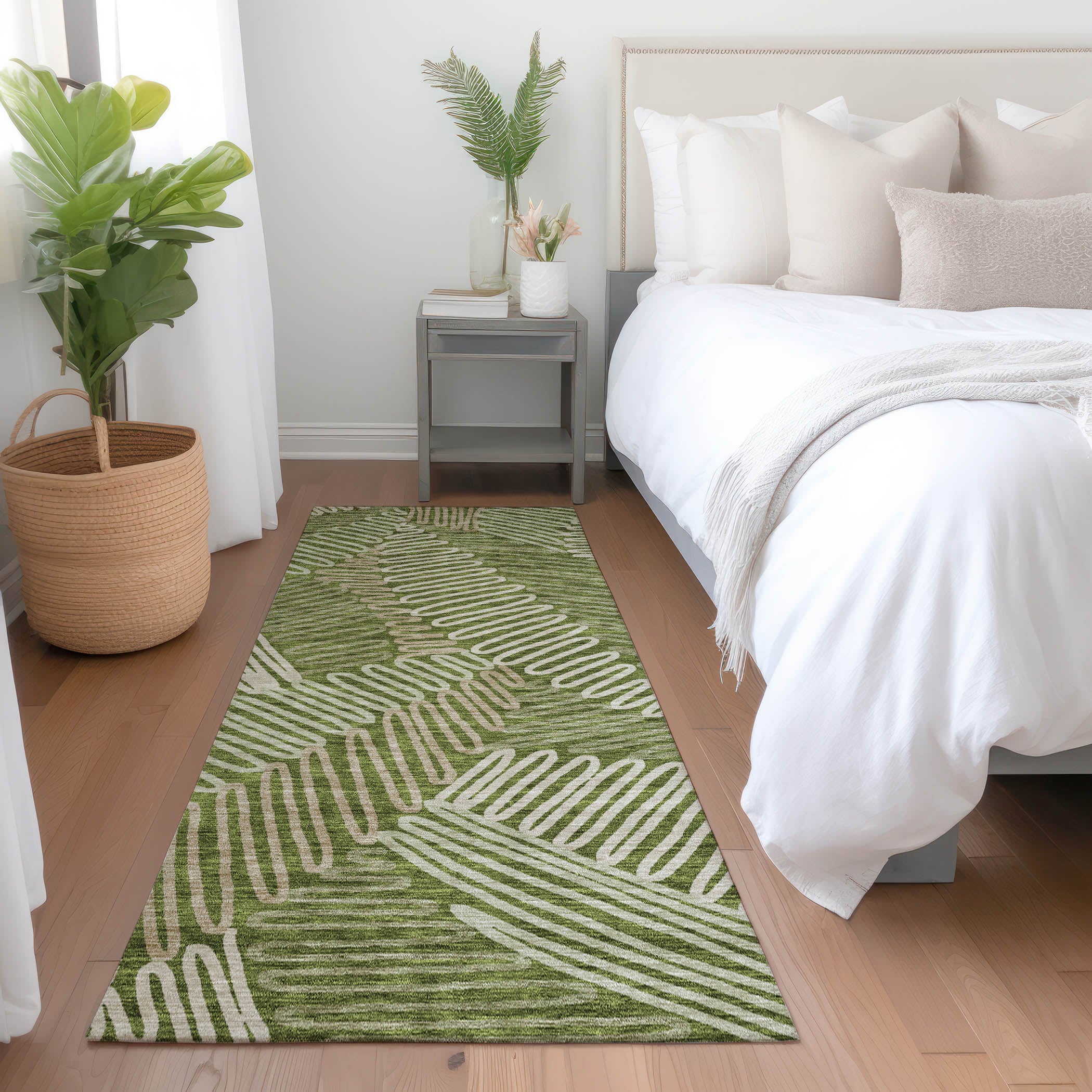 Istanbul Machine Washable Transitional Olive Green Rug 2'3" x 7'6" #shape_Runner