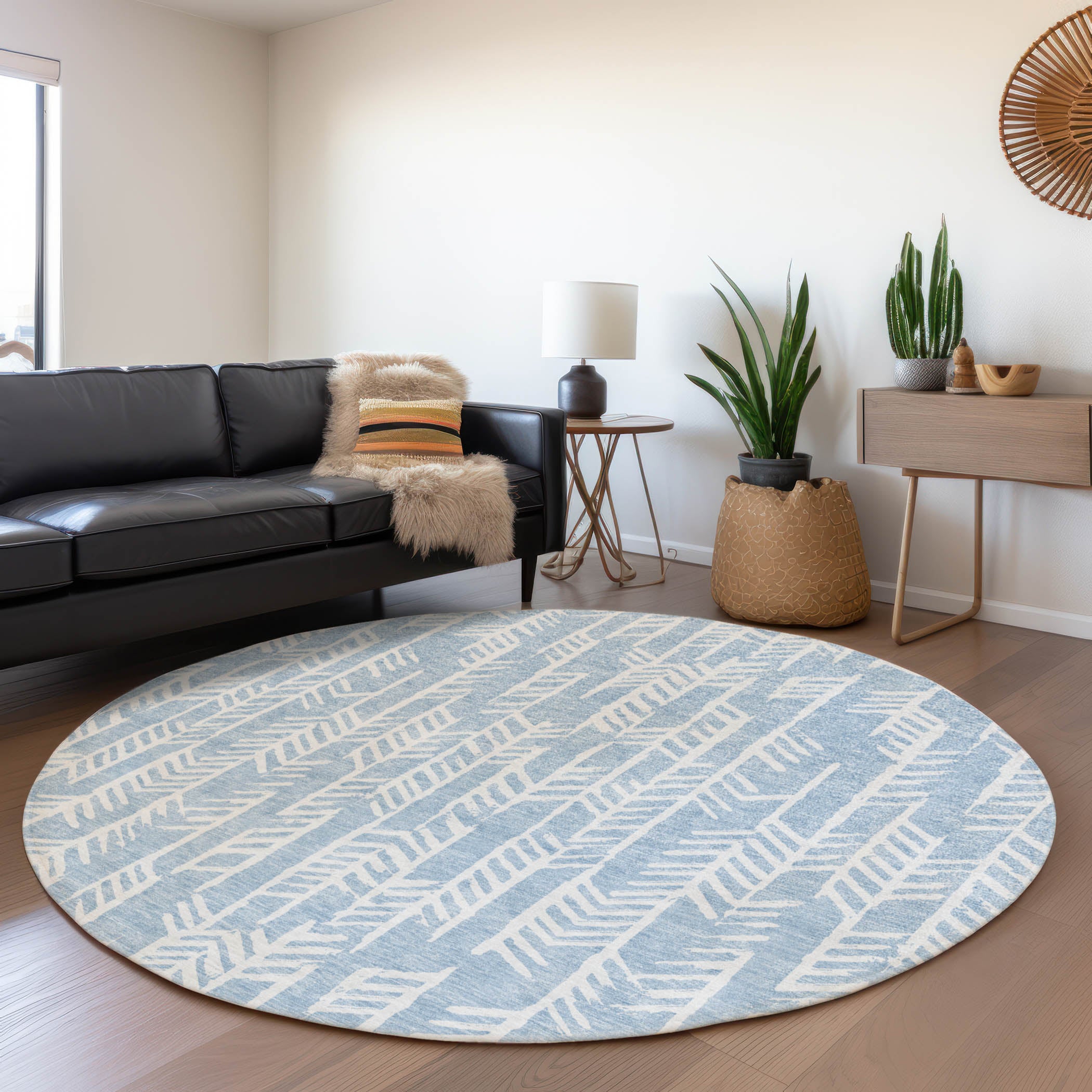 Reykjavik Machine Washable Transitional Sky Blue Rug 8' x 8' #shape_Round