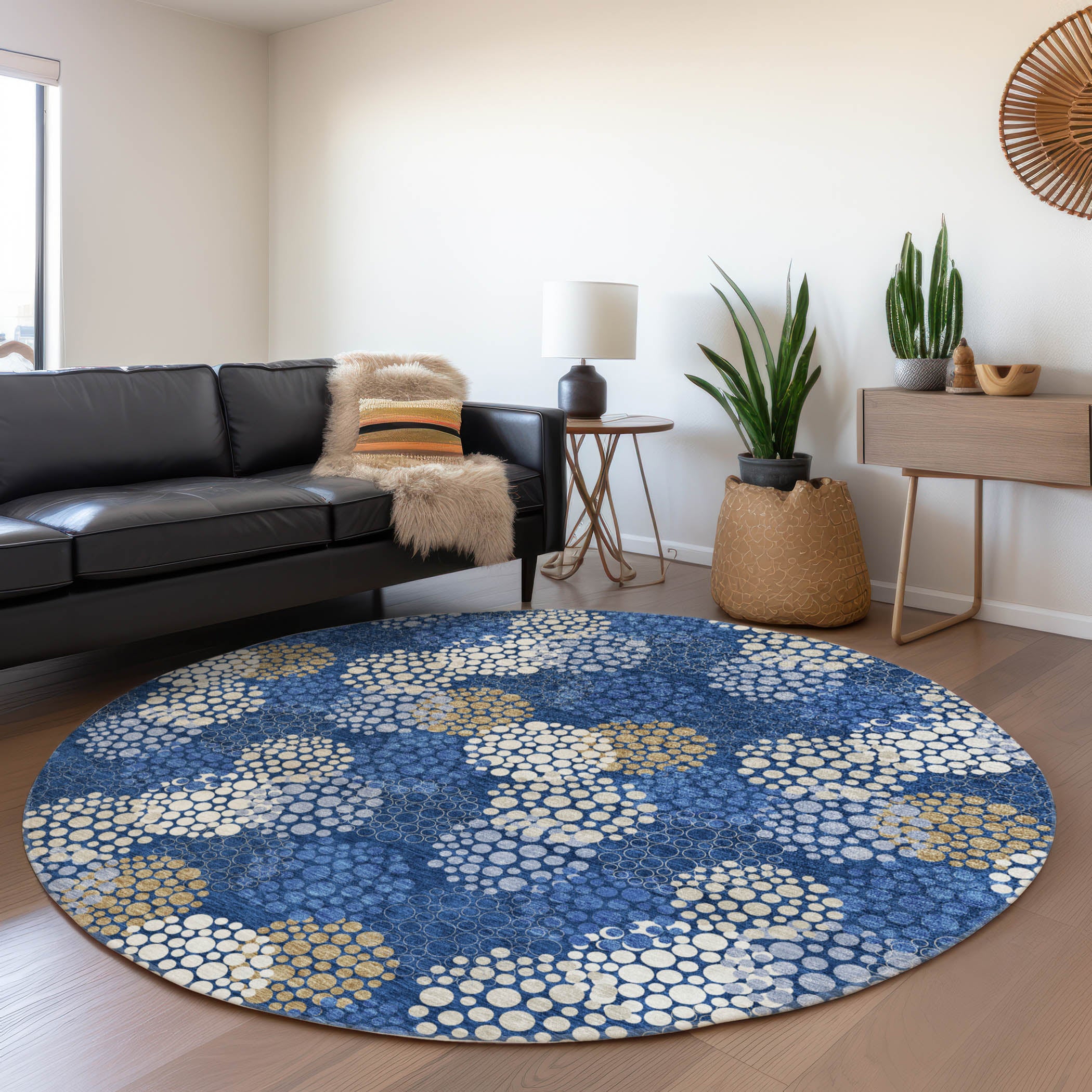 Havana Machine Washable Transitional Navy Blue Rug 8' x 8' #shape_Round