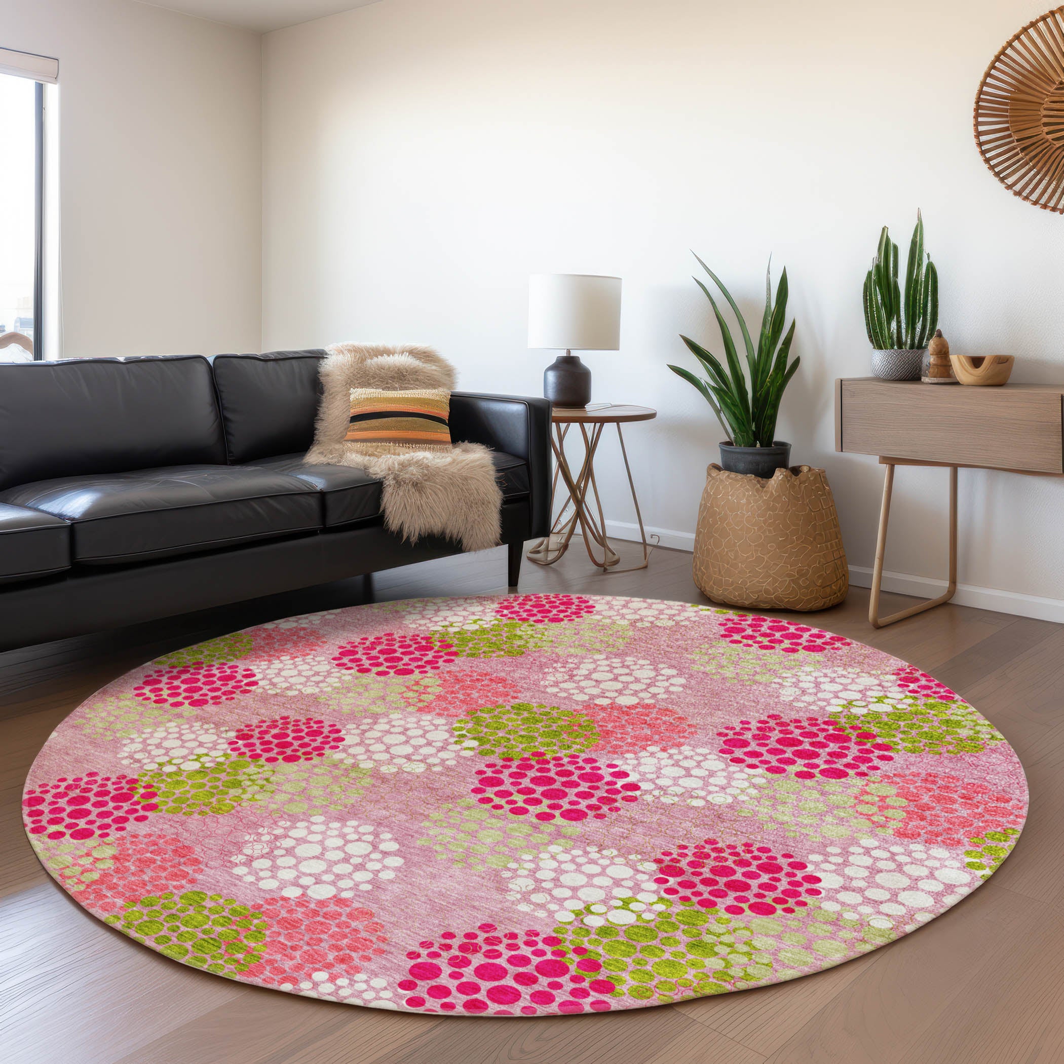Havana Machine Washable Transitional Pink Rug 8' x 8' #shape_Round