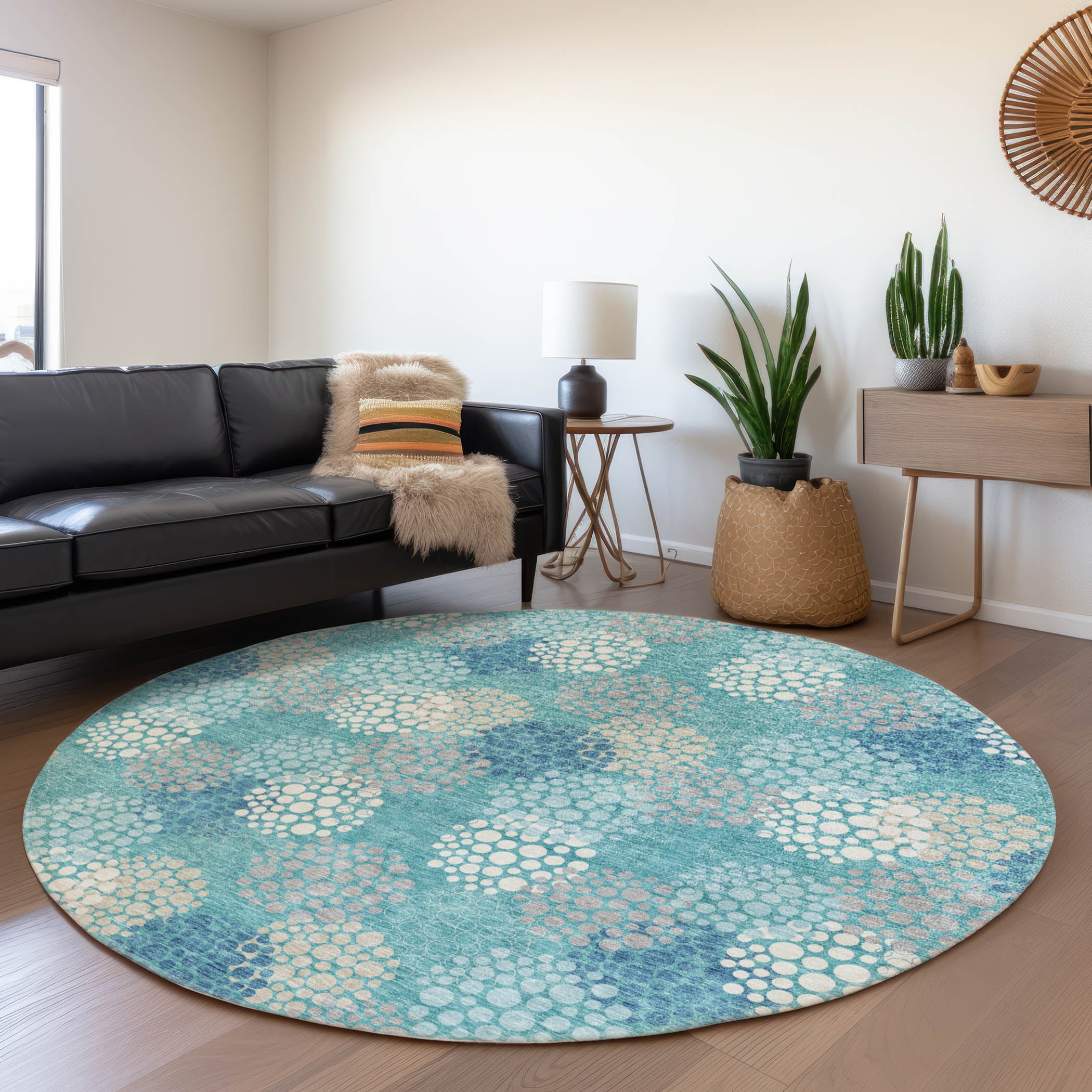 Havana Machine Washable Transitional Teal Rug 8' x 8' #shape_Round