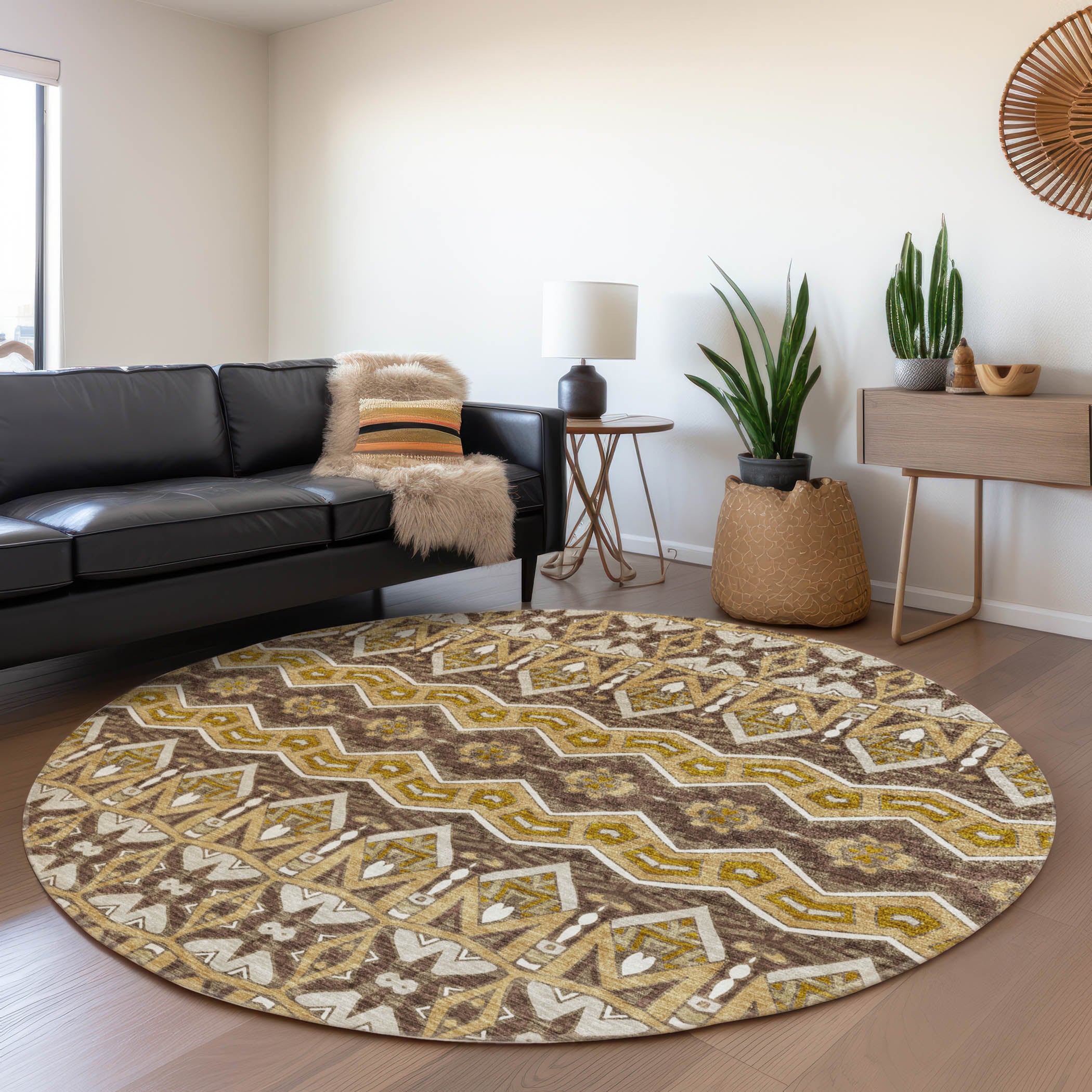 Antigua Machine Washable Transitional Gold Rug 8' x 8' #shape_Round