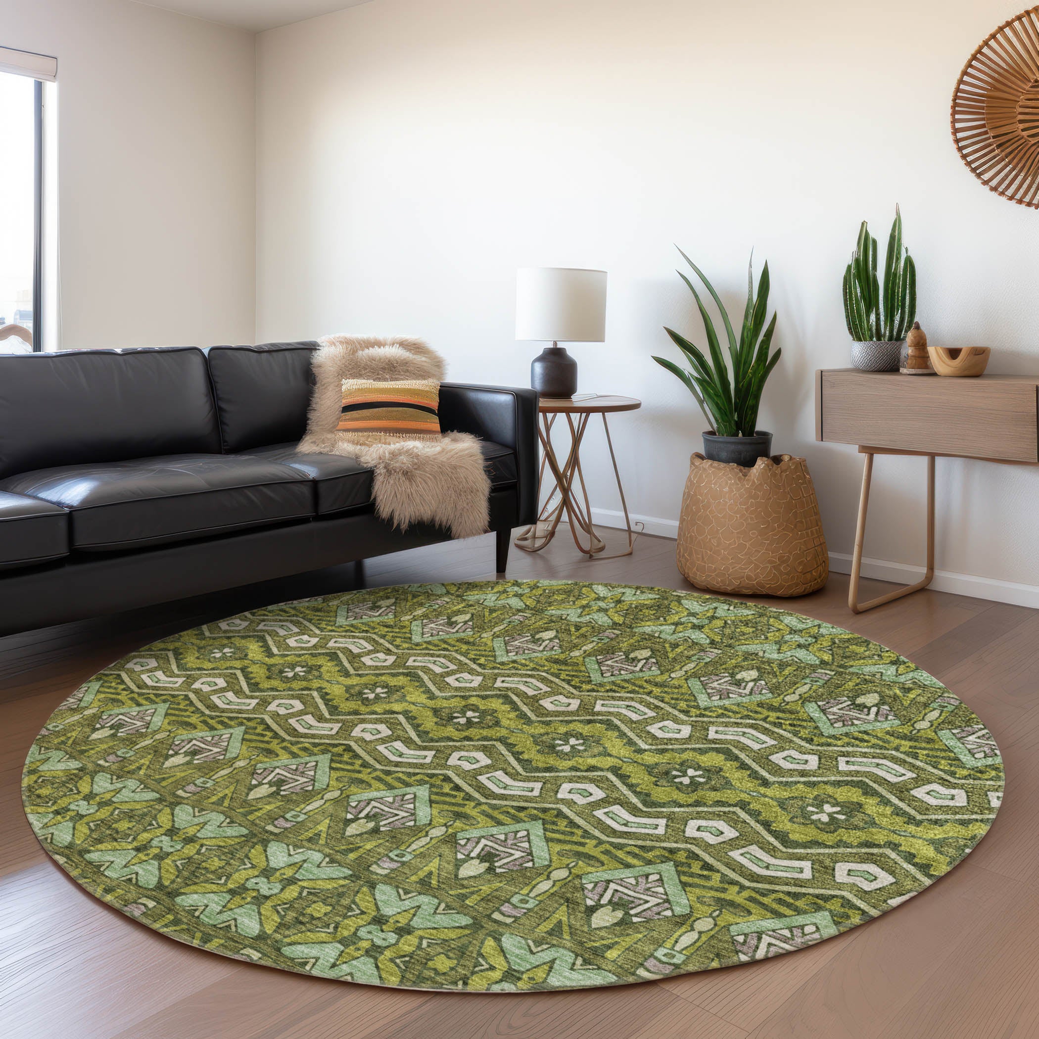 Antigua Machine Washable Transitional Olive Green Rug 8' x 8' #shape_Round