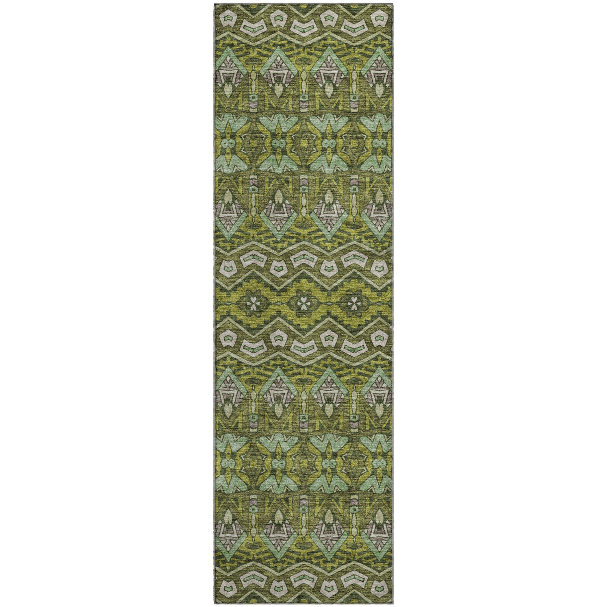 Antigua Machine Washable Transitional Olive Green Rug 2'3" x 7'6" #shape_Runner