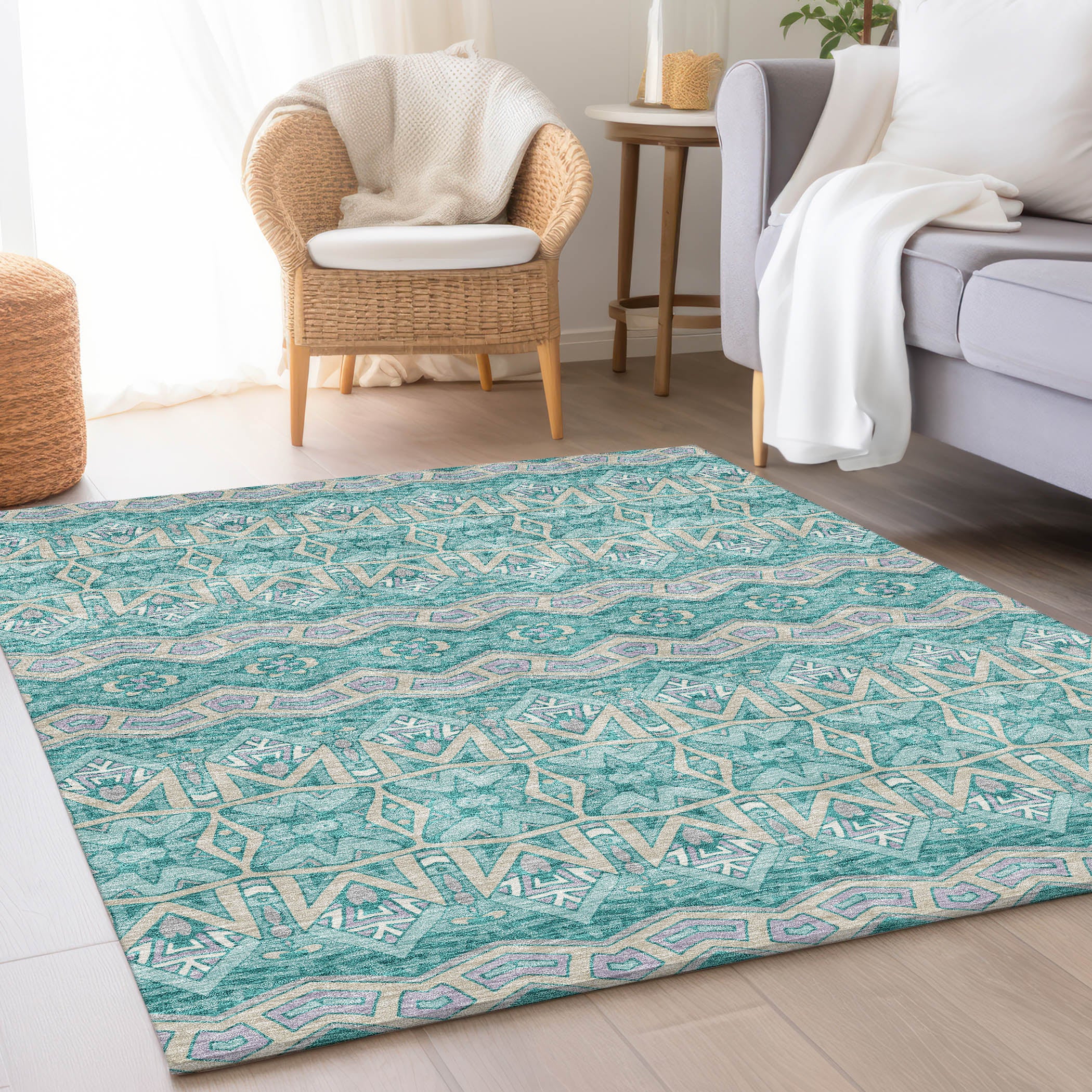 Antigua Machine Washable Transitional Teal Rug 2'6" x 3'10" #shape_Rectangle