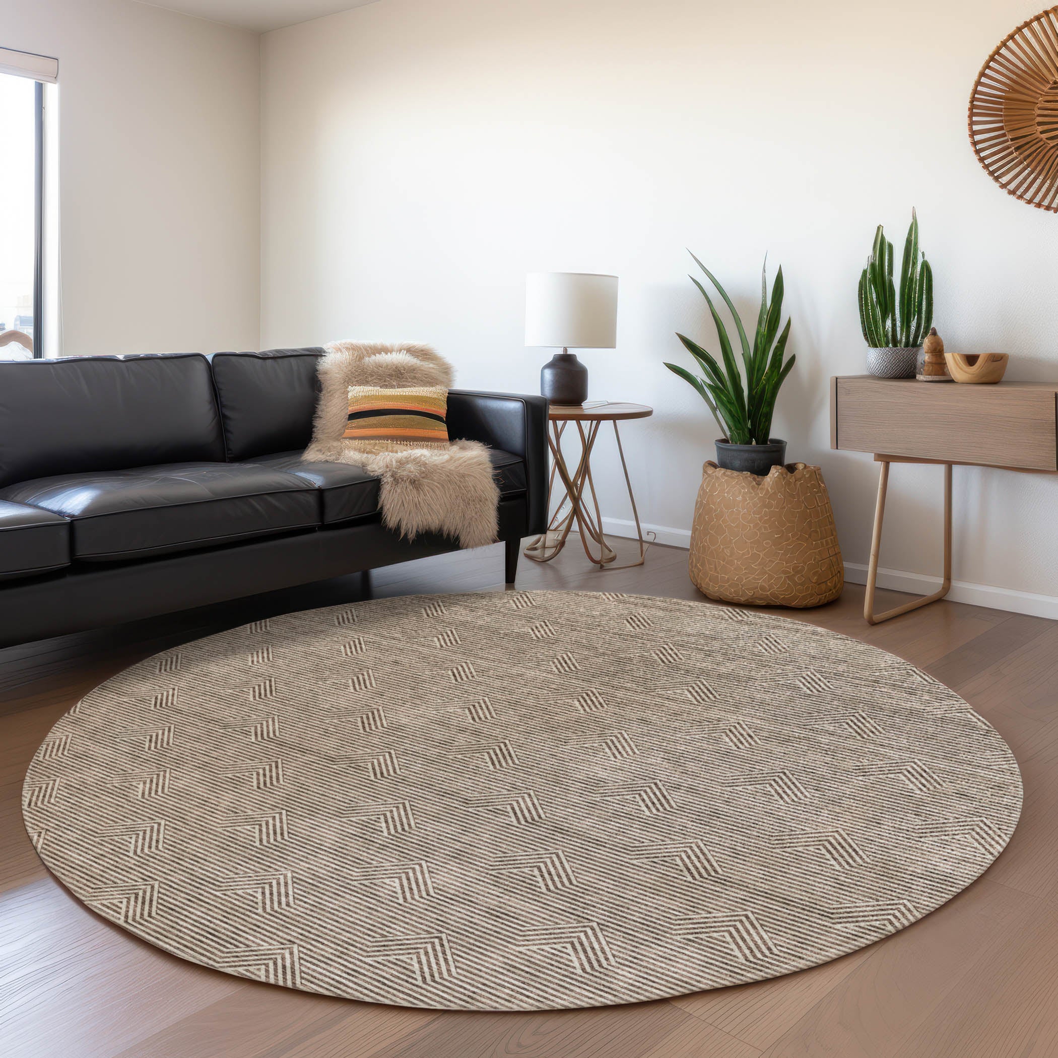 Queenstown Machine Washable Transitional Brown Rug 8' x 8' #shape_Round