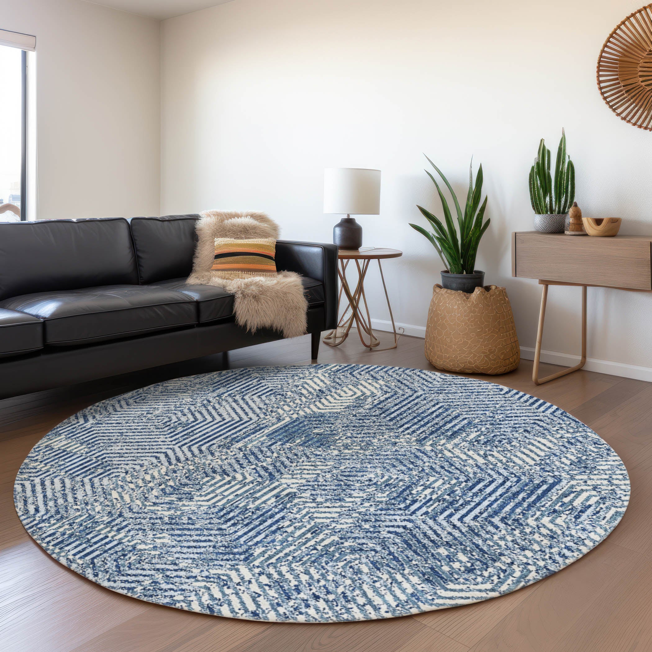 Bern Machine Washable Transitional Navy Blue Rug 8' x 8' #shape_Round