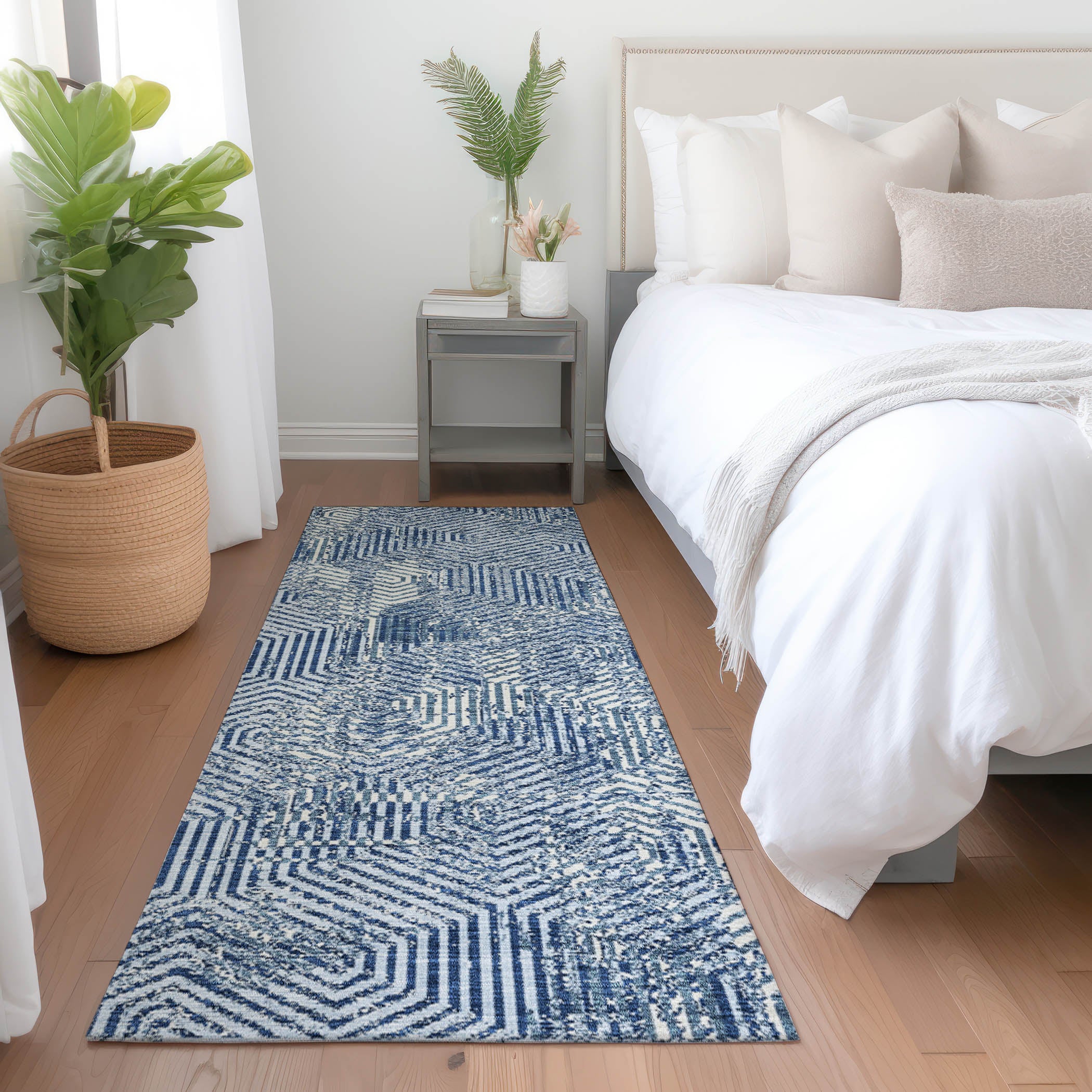 Bern Machine Washable Transitional Navy Blue Rug 2'3" x 7'6" #shape_Runner