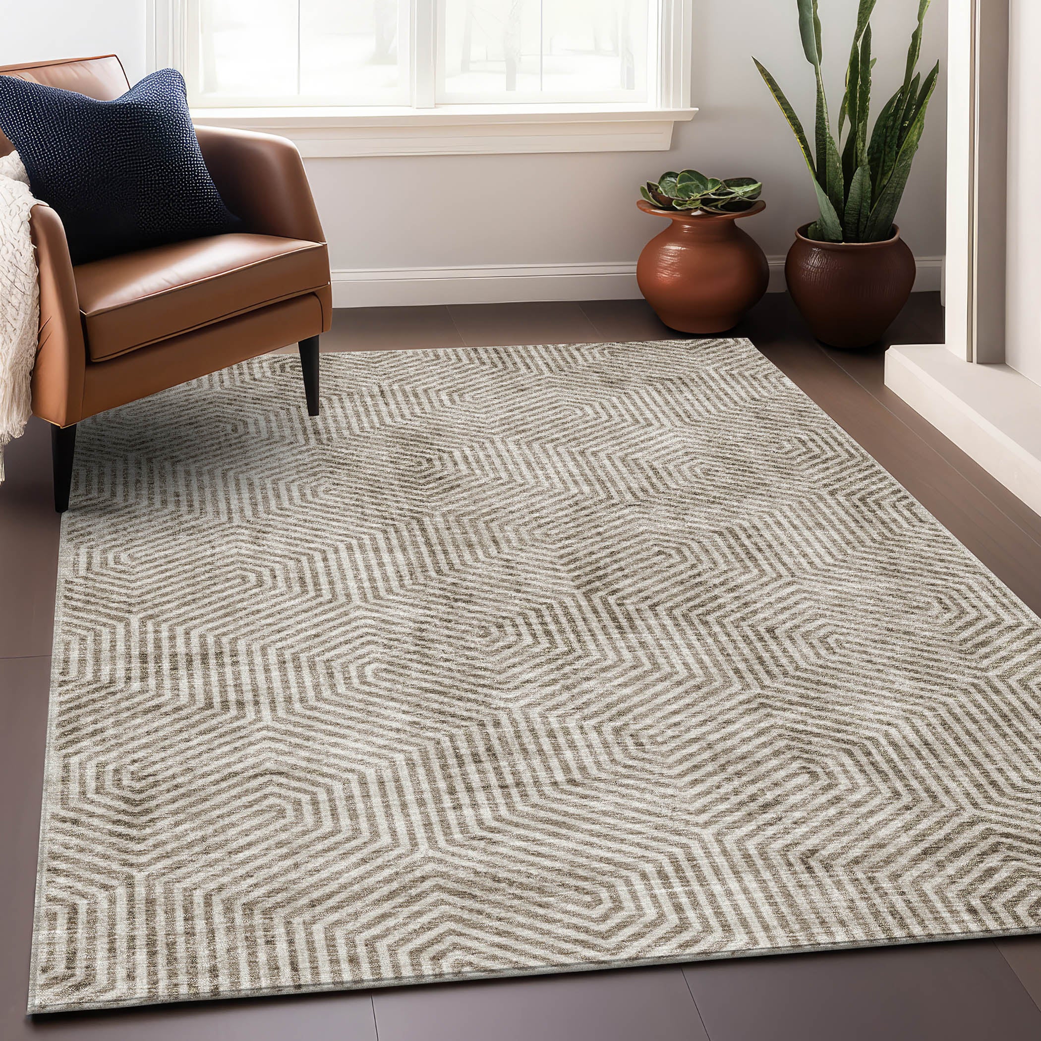 Bern Machine Washable Transitional Taupe Brown Rug 2'6" x 3'10" #shape_Rectangle