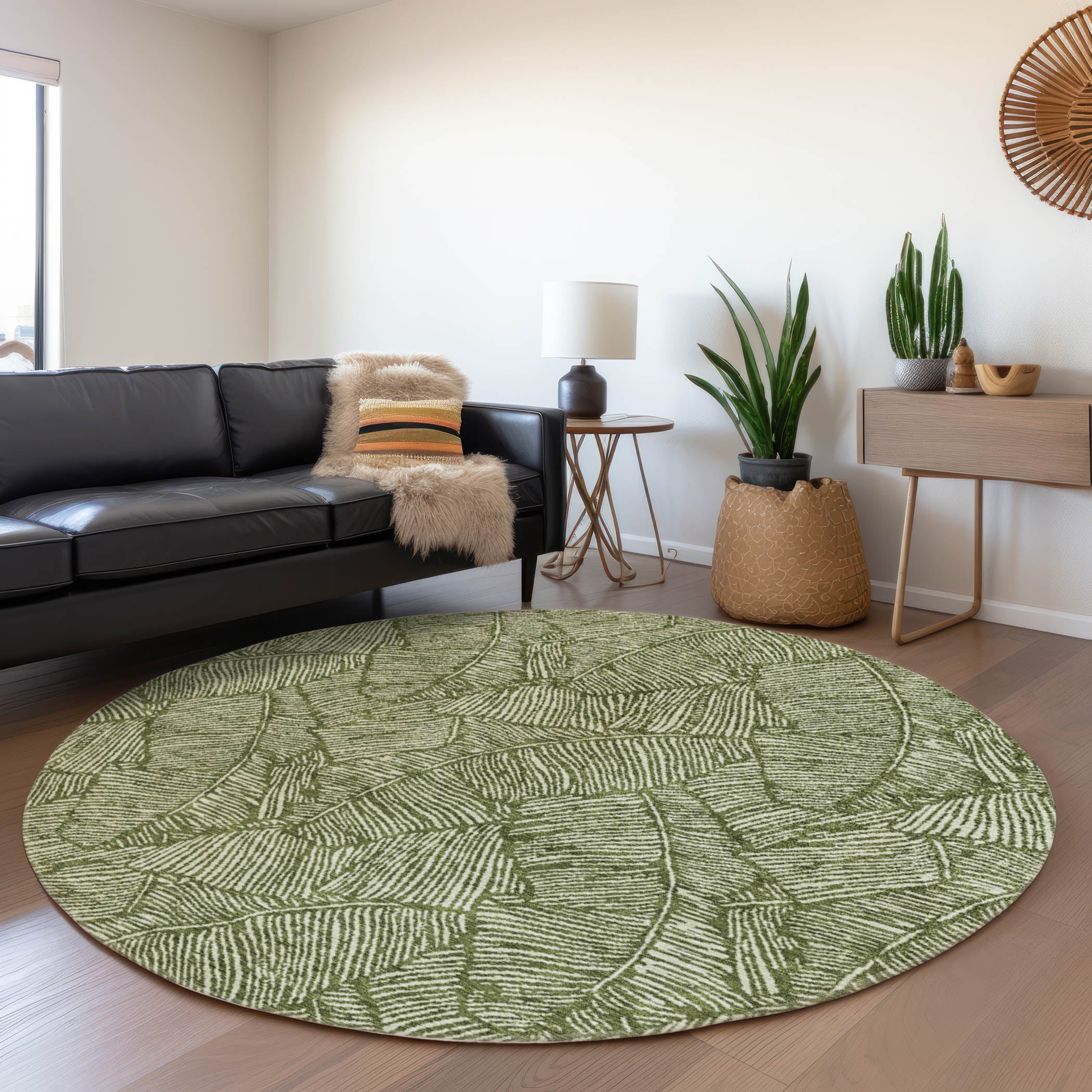 Dubrovnik Machine Washable Transitional Olive Green Rug 8' x 8' #shape_Round
