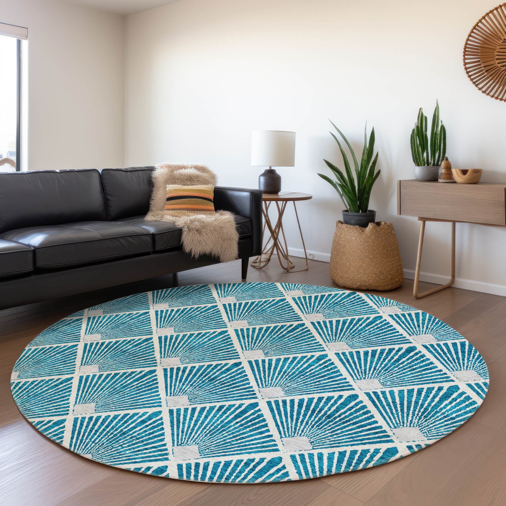 Kotor Machine Washable Transitional Teal Rug 8' x 8' #shape_Round
