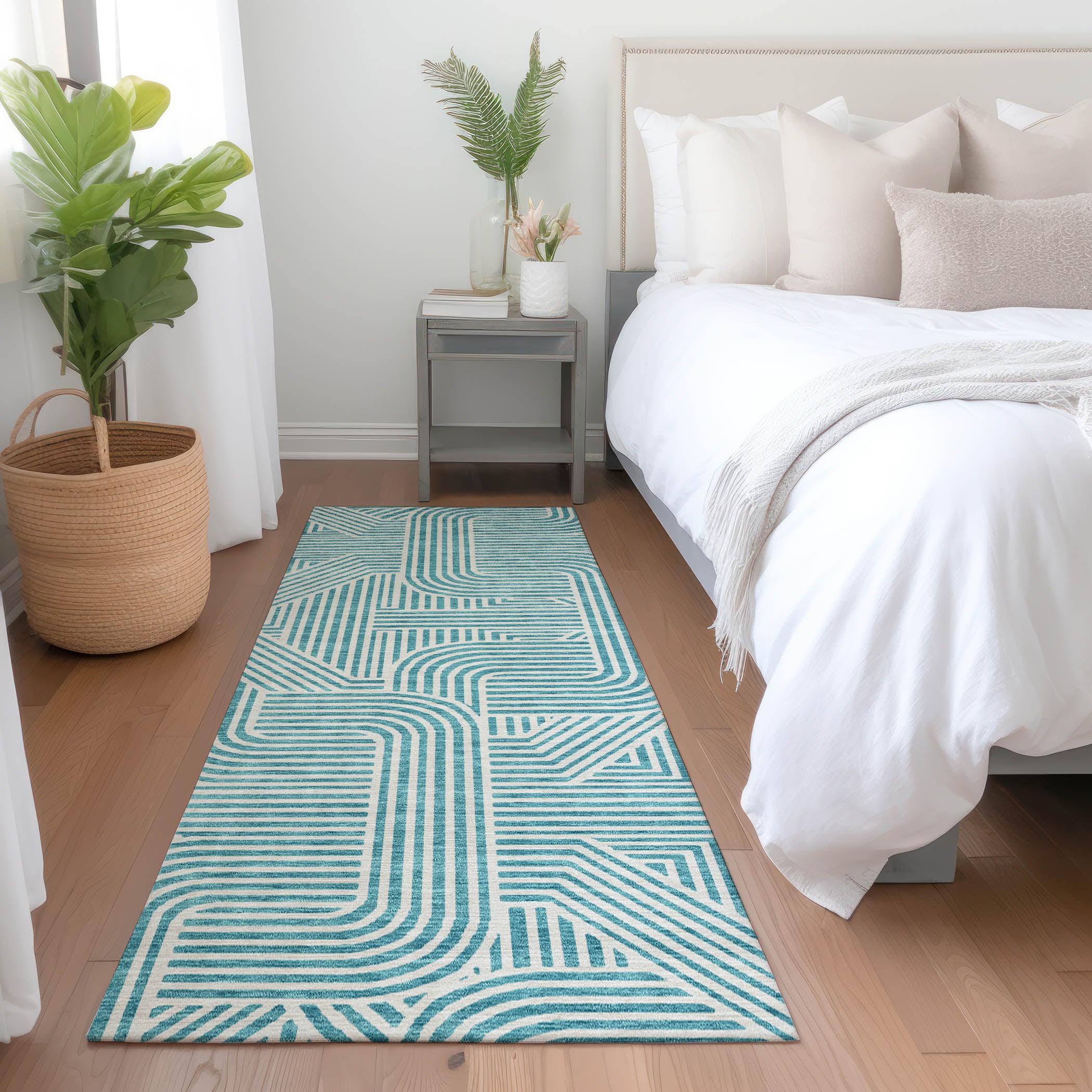 Prague Machine Washable Transitional Teal Rug 2'3" x 7'6" #shape_Runner
