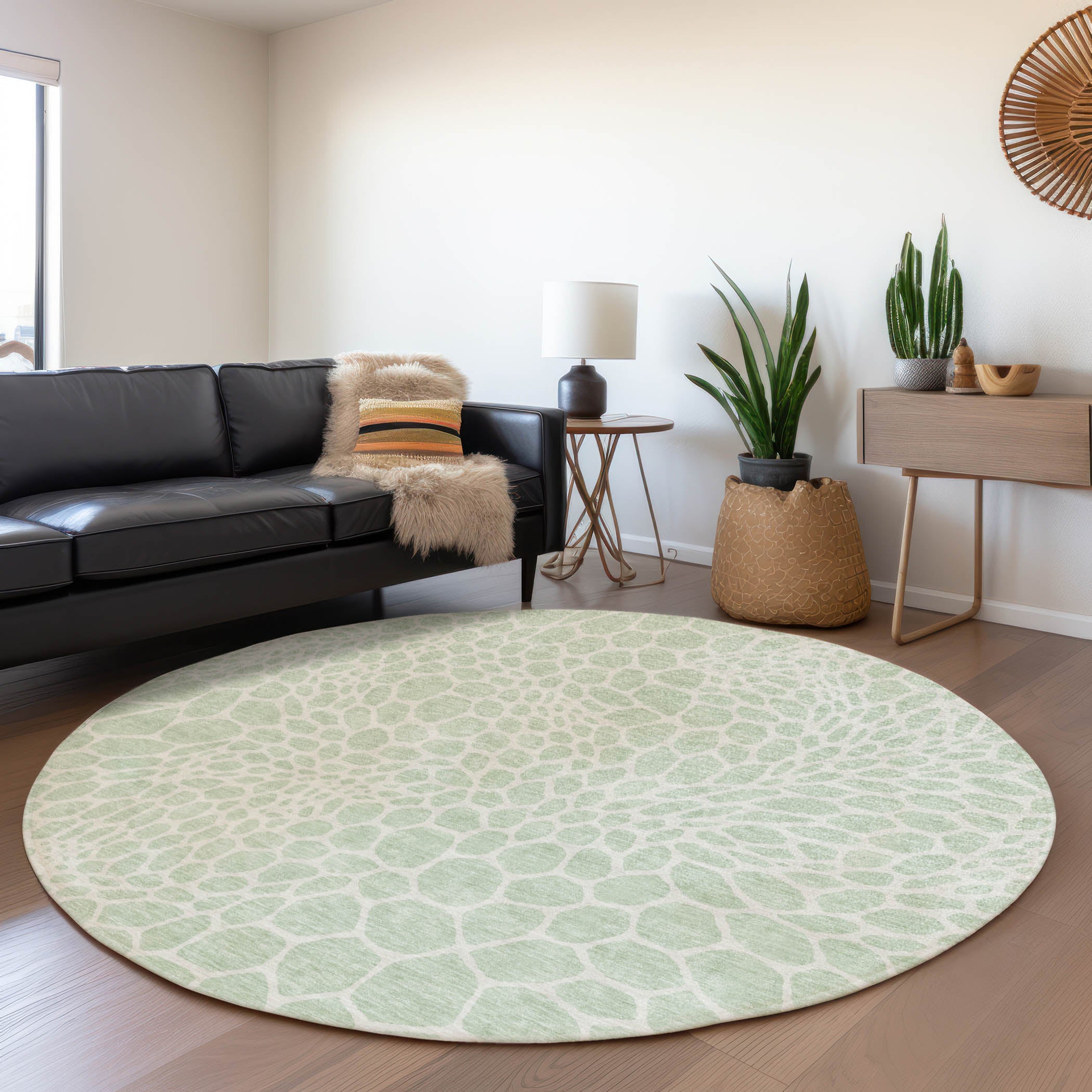 Rome Machine Washable Transitional Mint Green Rug 8' x 8' #shape_Round