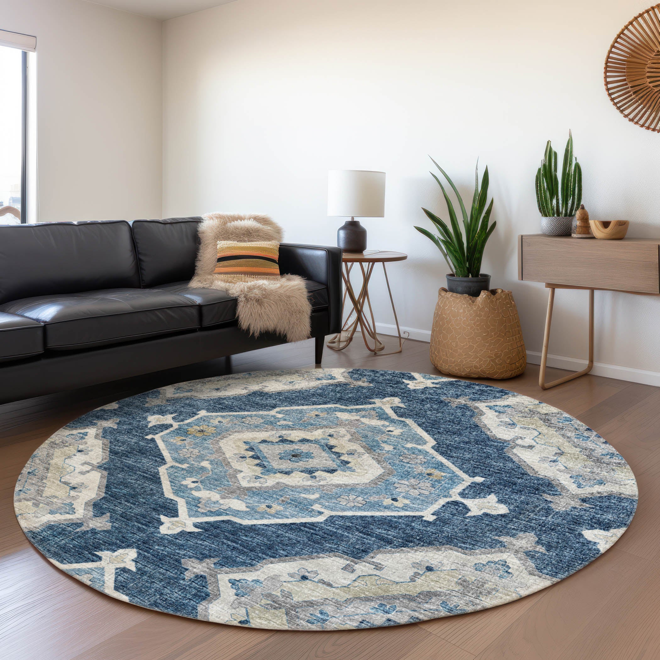 Bogota Machine Washable Traditional Blue Rug 8' x 8' #shape_Round