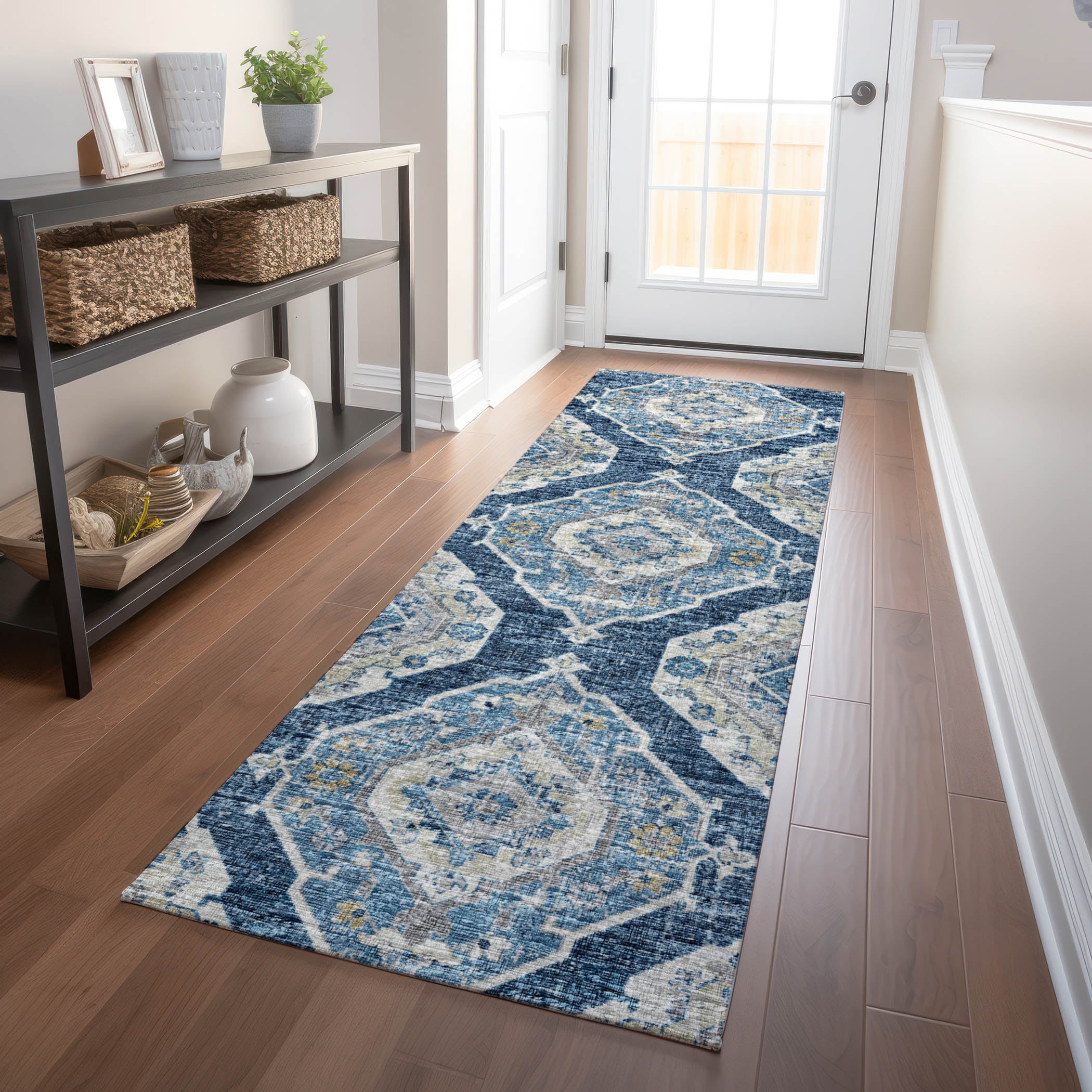 Bogota Machine Washable Traditional Blue Rug 2'3" x 7'6" #shape_Runner
