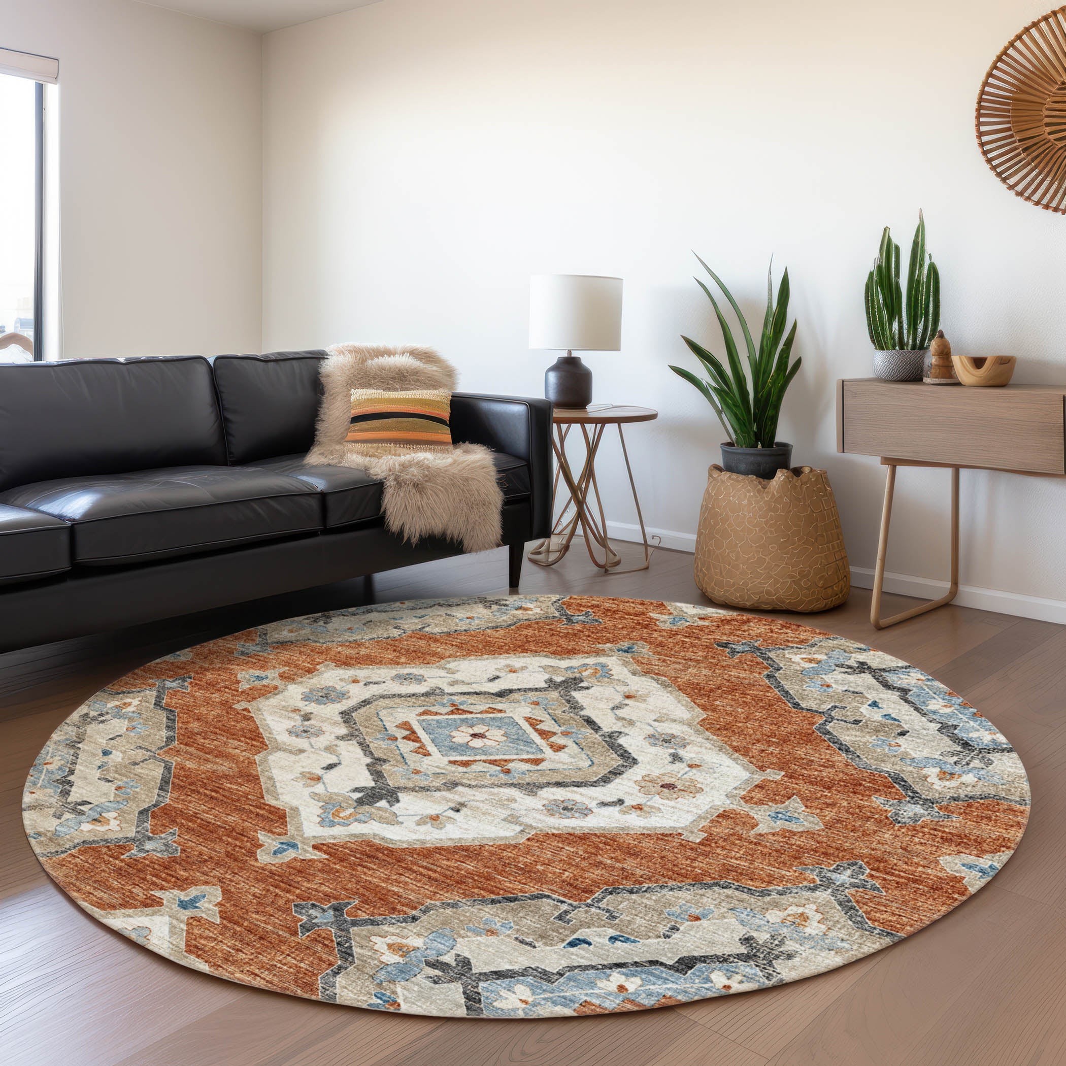 Bogota Machine Washable Traditional Clay Orange Rug 8' x 8' #shape_Round