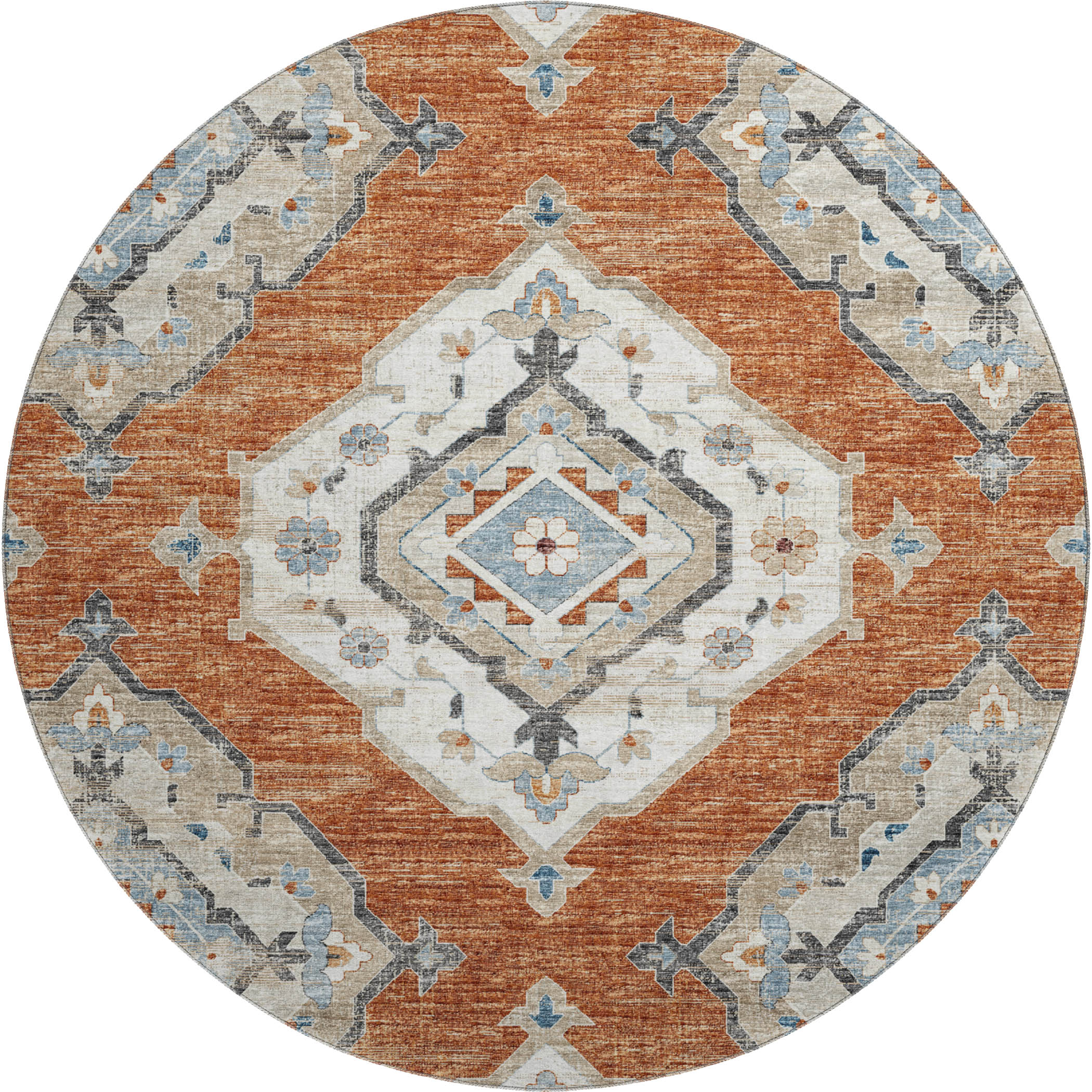 Bogota Machine Washable Traditional Clay Orange Rug 8' x 8' #shape_Round