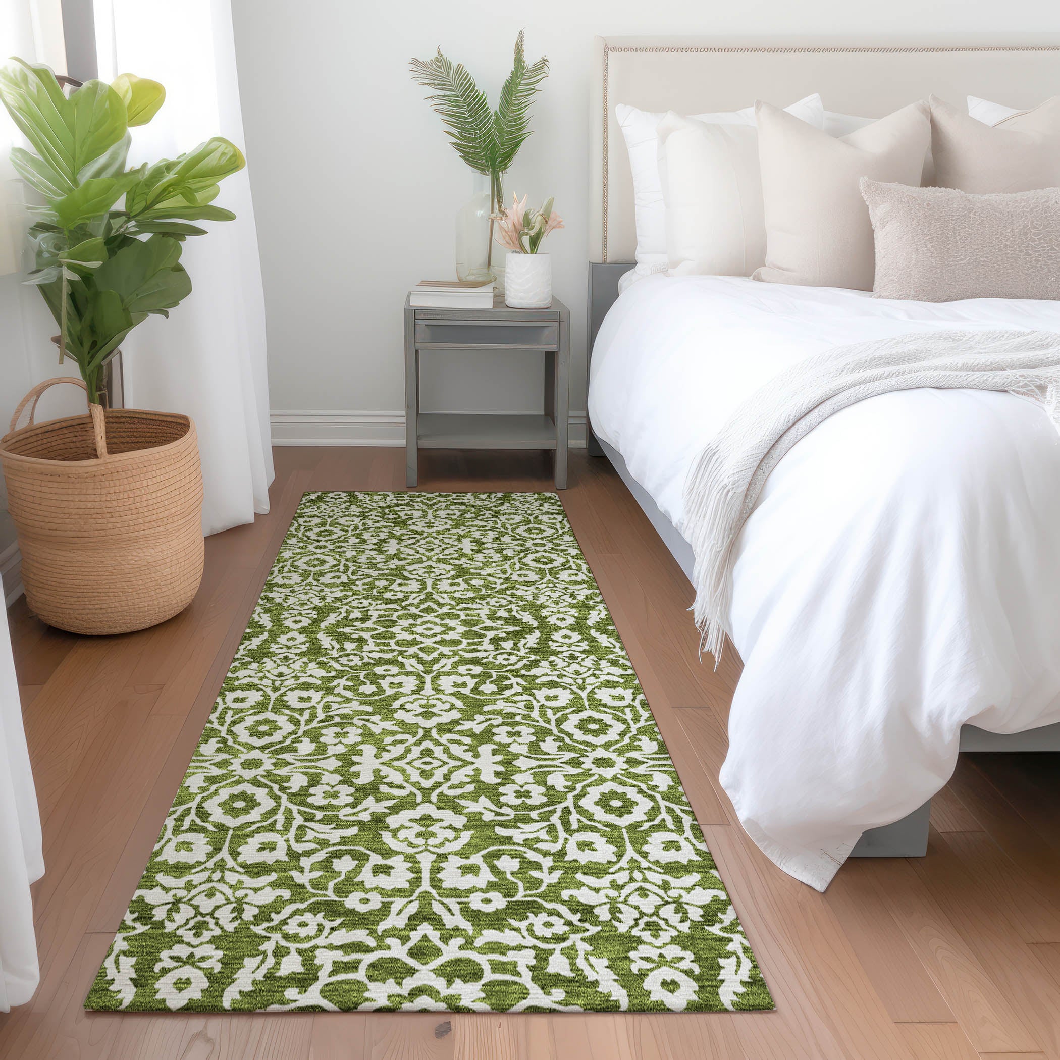 Sintra Machine Washable Traditional Olive Green Rug 2'3" x 7'6" #shape_Runner