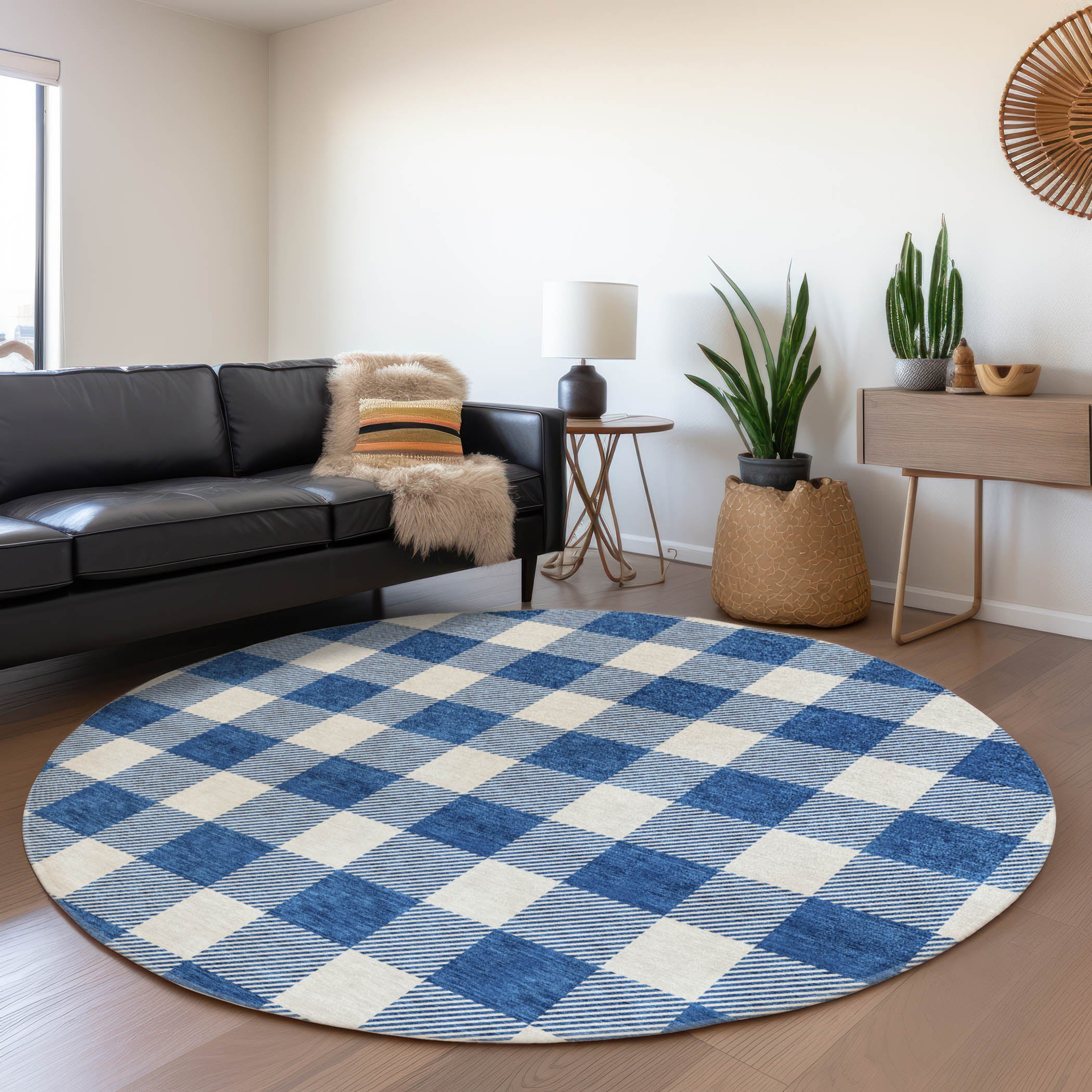 Kyoto Machine Washable Transitional Navy Blue Rug 8' x 8' #shape_Round