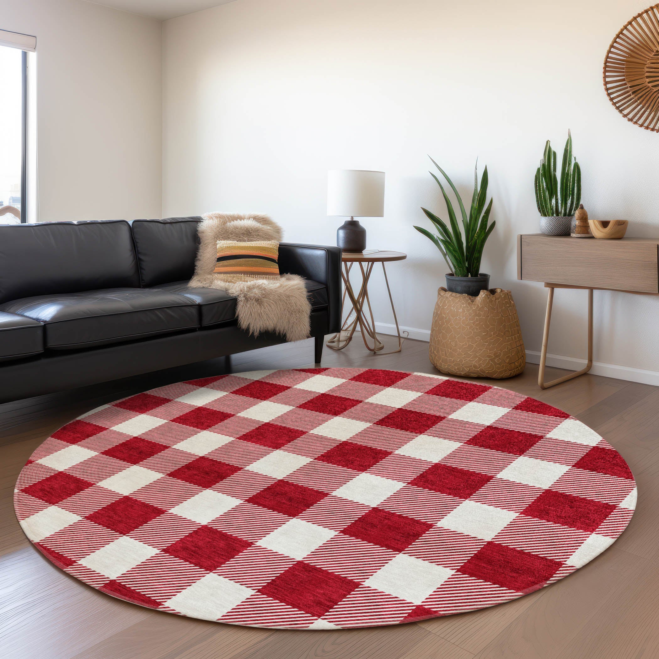 Kyoto Machine Washable Transitional Red Rug 8' x 8' #shape_Round