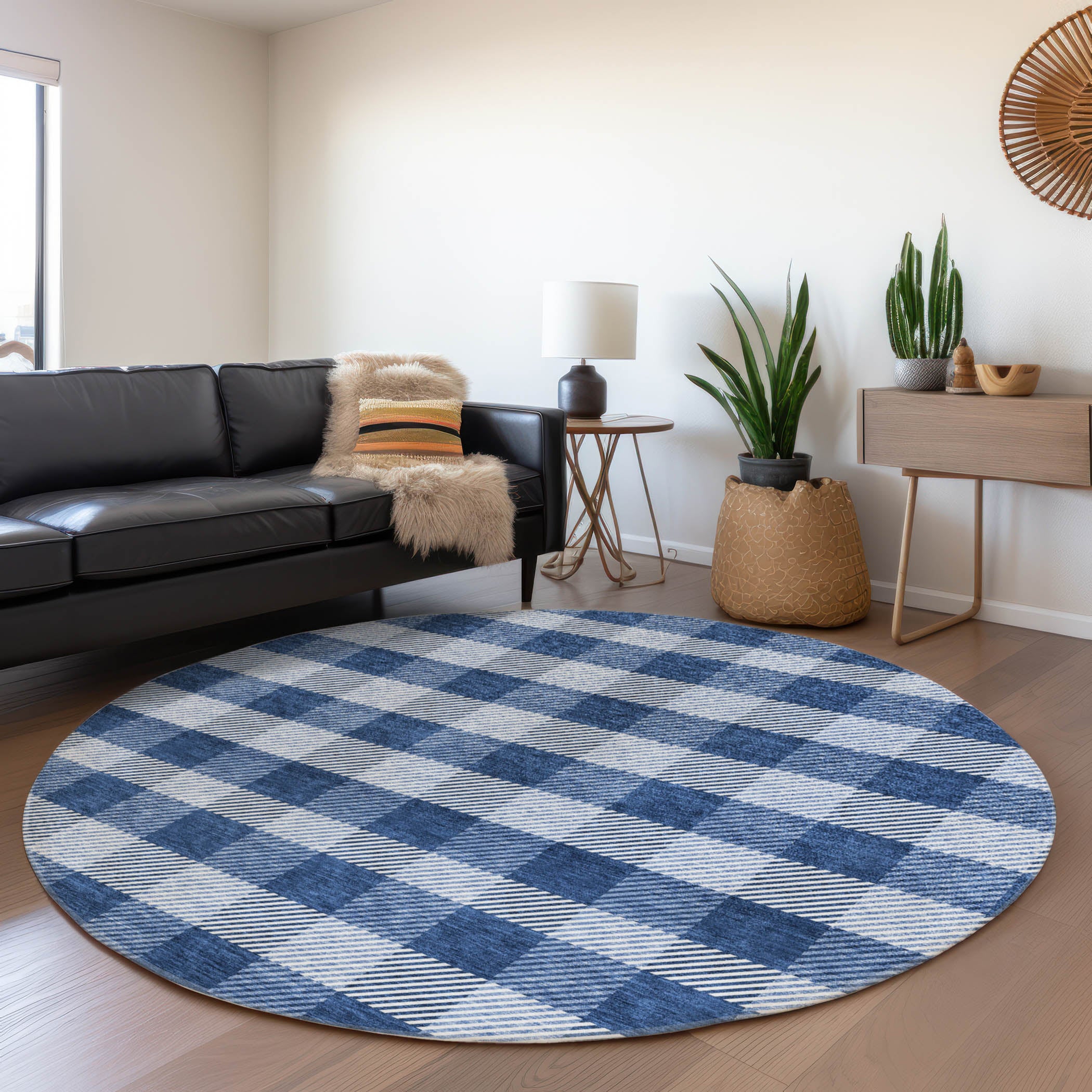 Bruges Machine Washable Transitional Navy Blue Rug 8' x 8' #shape_Round