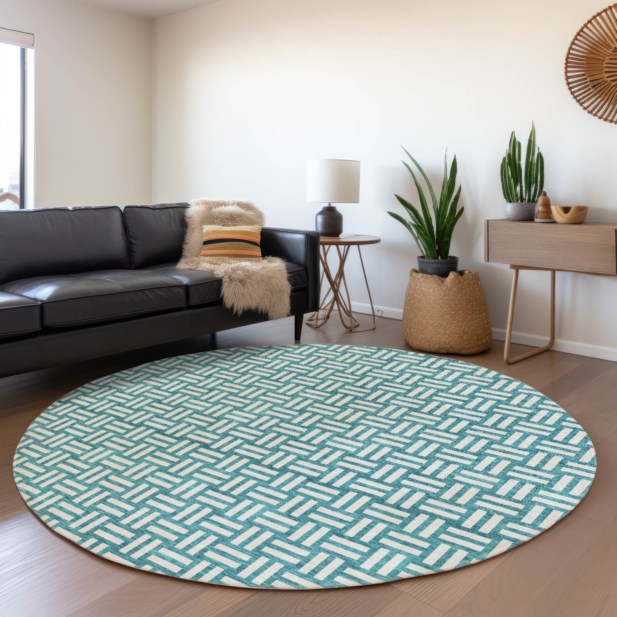 Bergen Machine Washable Transitional Teal Rug 8' x 8' #shape_Round